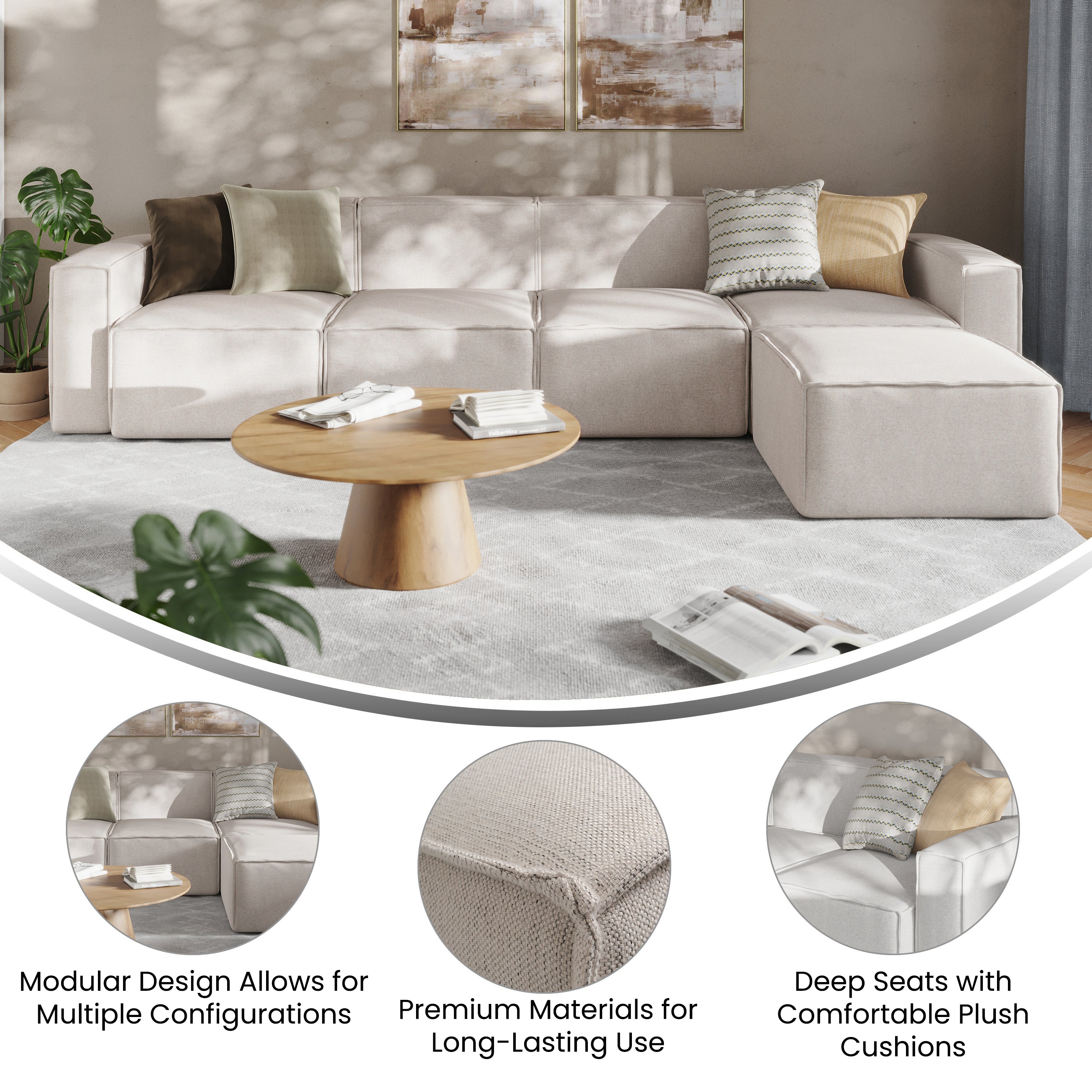 Bridgetown Luxury Modular 5 Piece Sectional Sofa, Cream