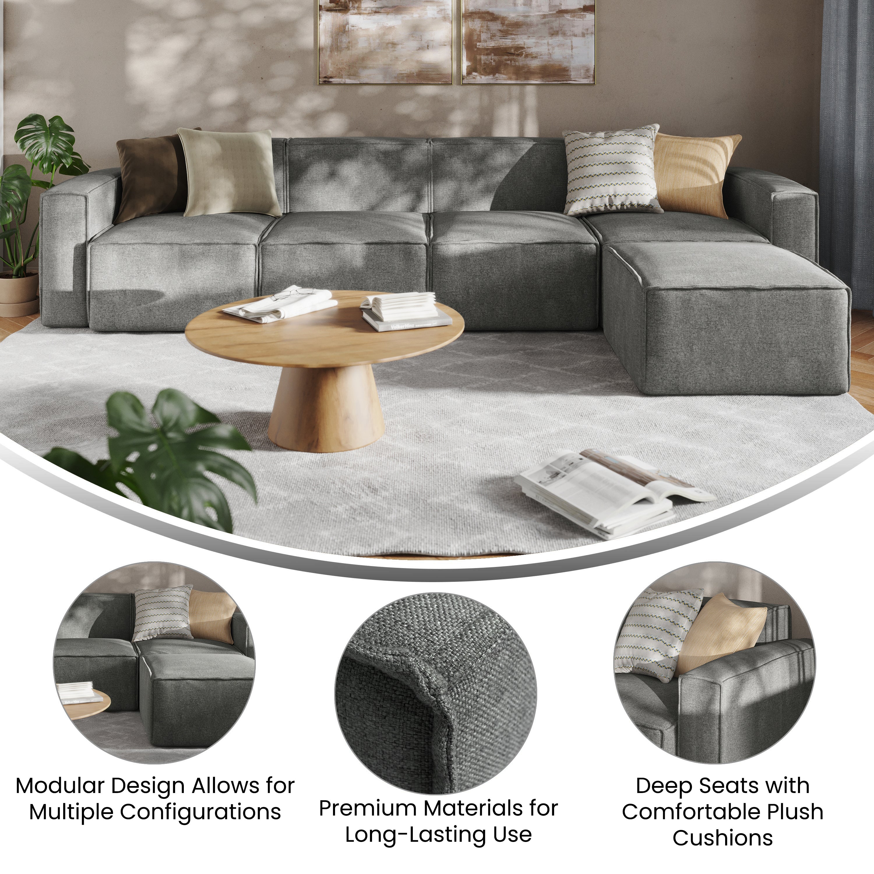 Bridgetown Luxury Modular 5 Piece Sectional Sofa, Dark Gray