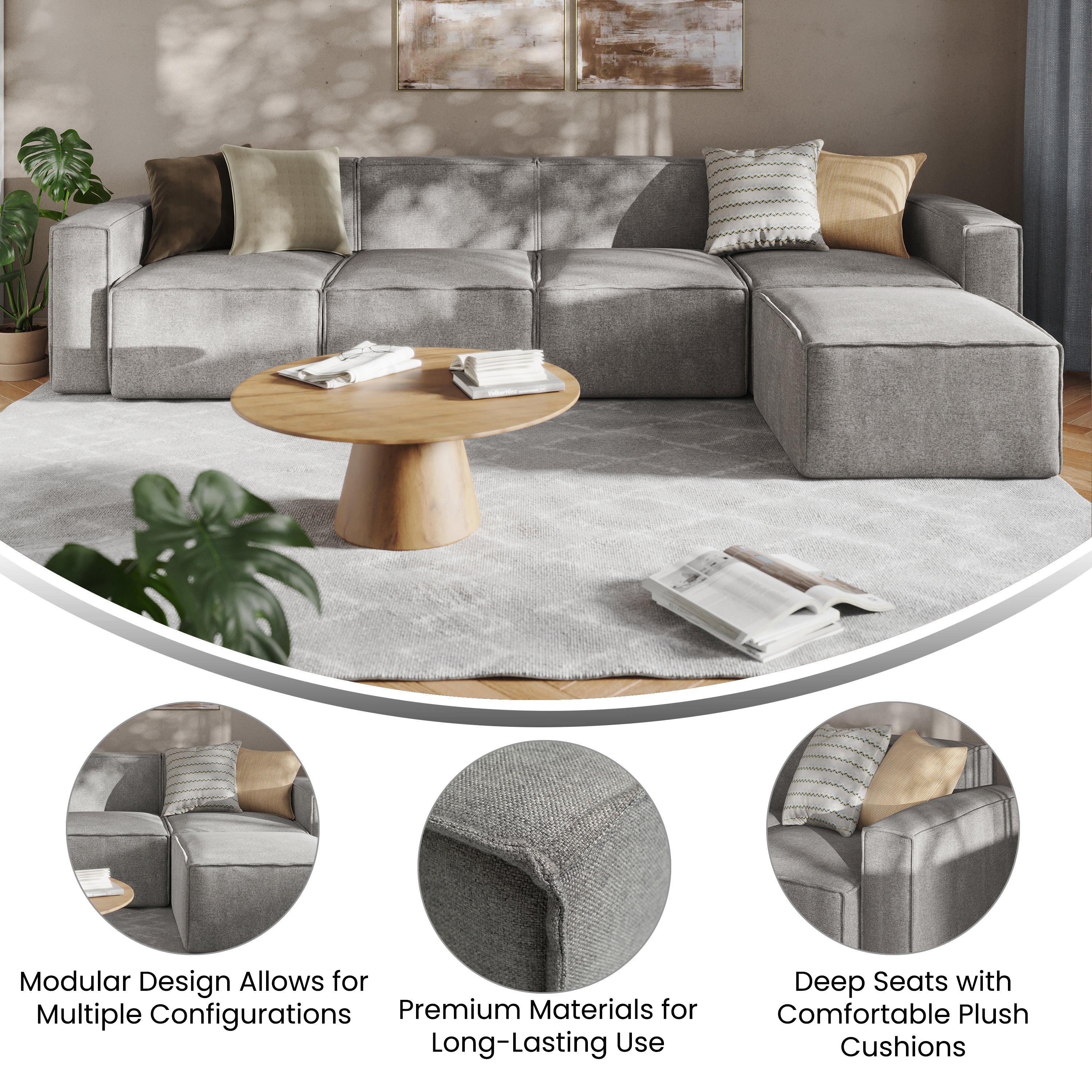 Bridgetown Luxury Modular 5 Piece Sectional Sofa, Gray