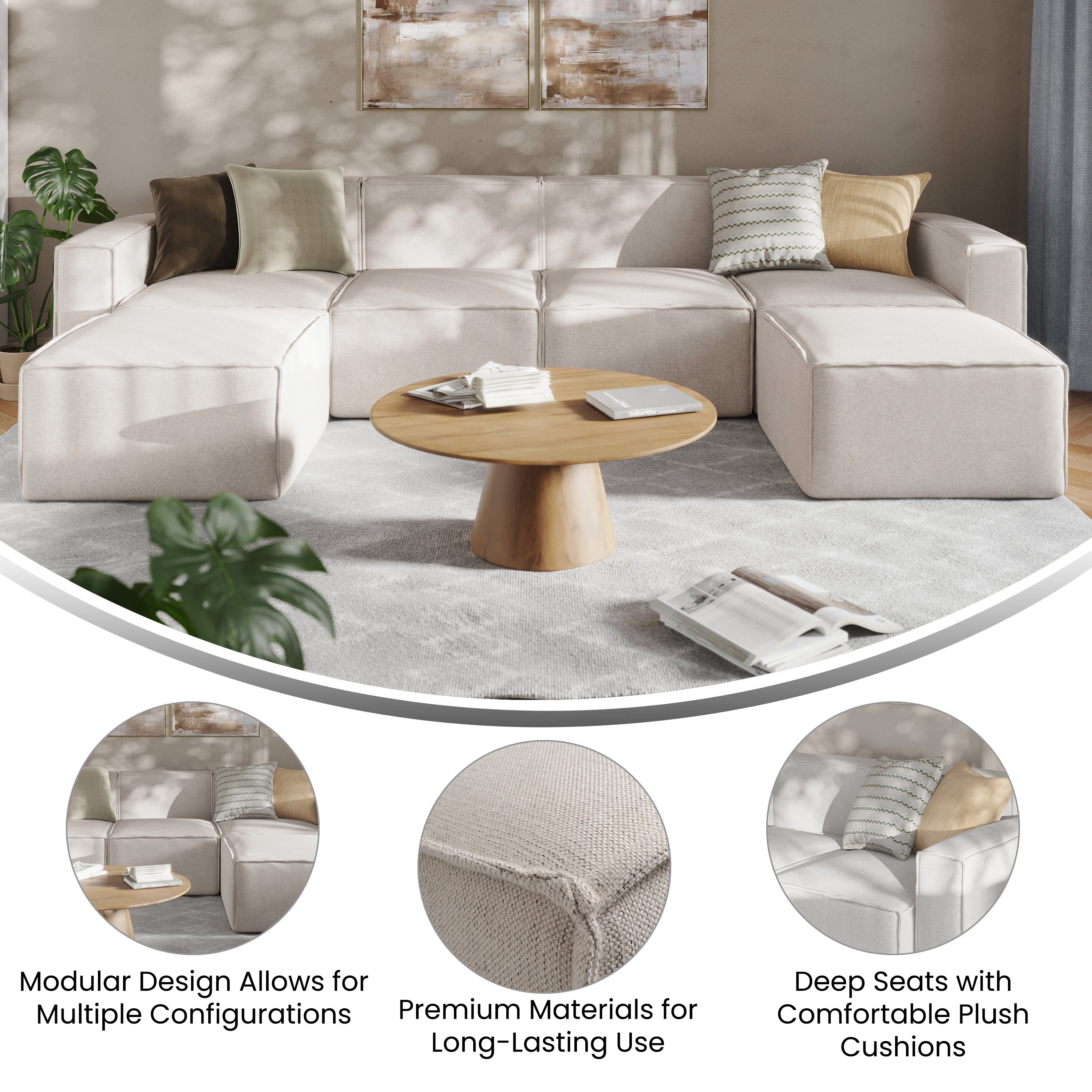 Bridgetown Luxury Modular 6 Piece Sectional Sofa, Cream