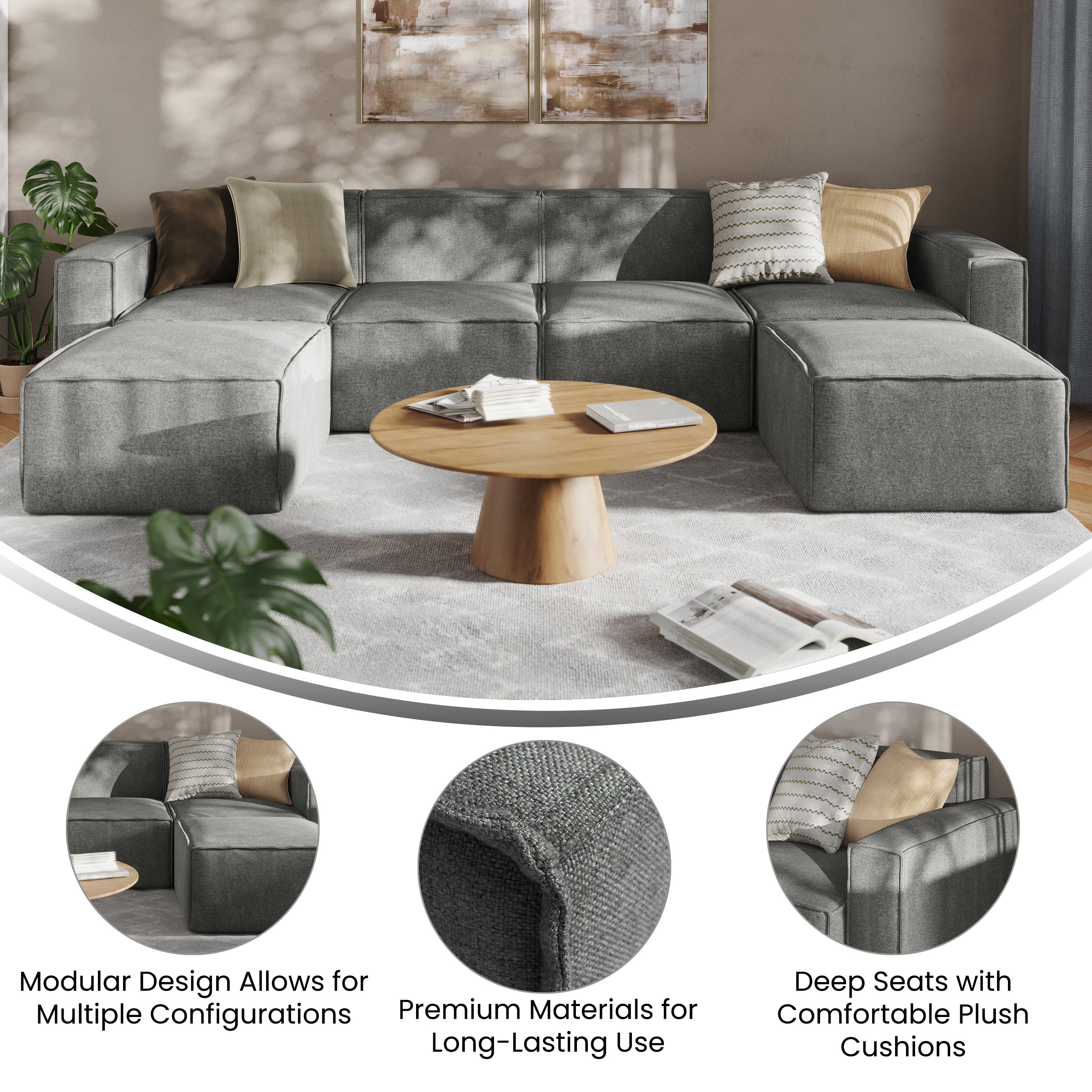 Bridgetown Luxury Modular 6 Piece Sectional Sofa, Dark Gray