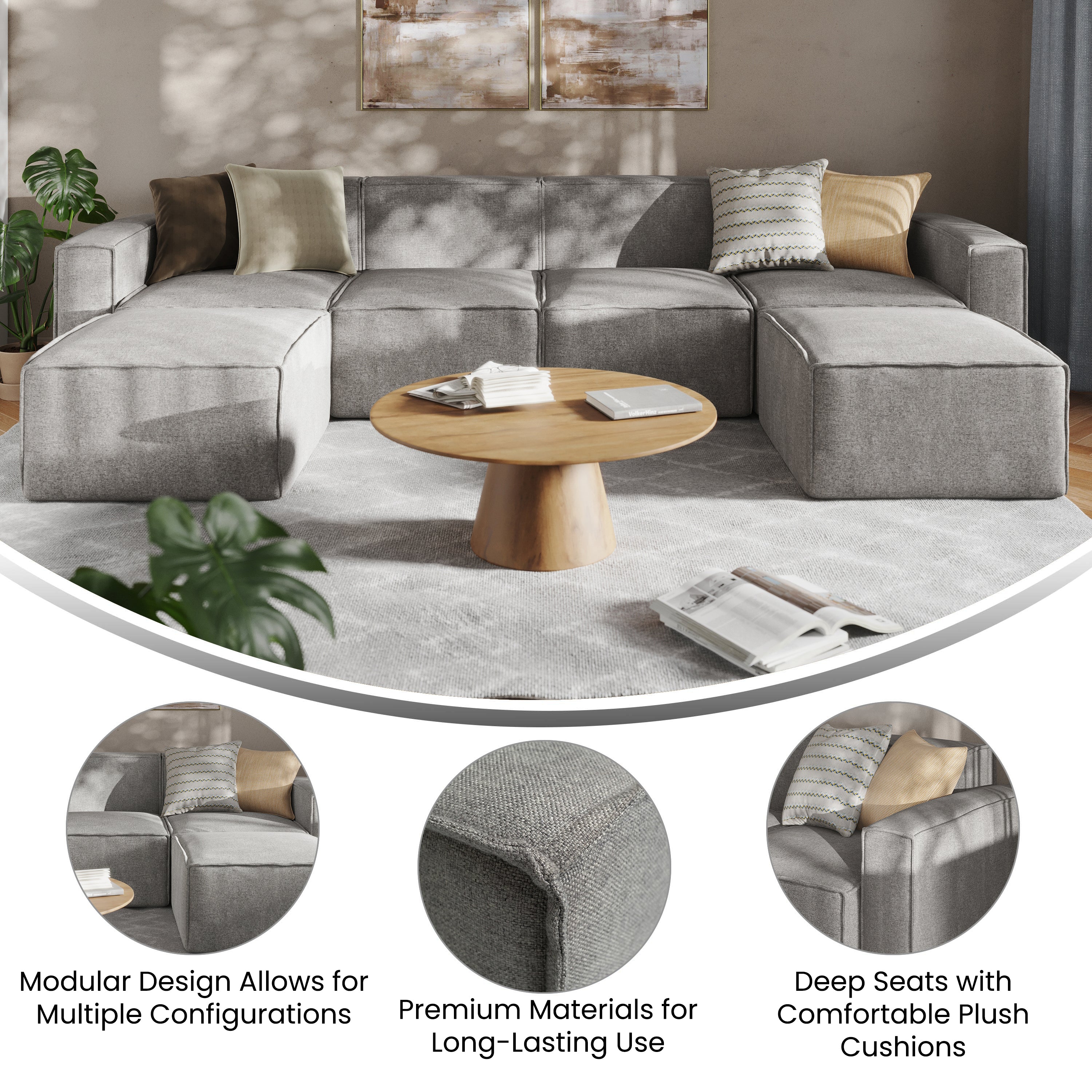 Bridgetown Luxury Modular 6 Piece Sectional Sofa, Gray