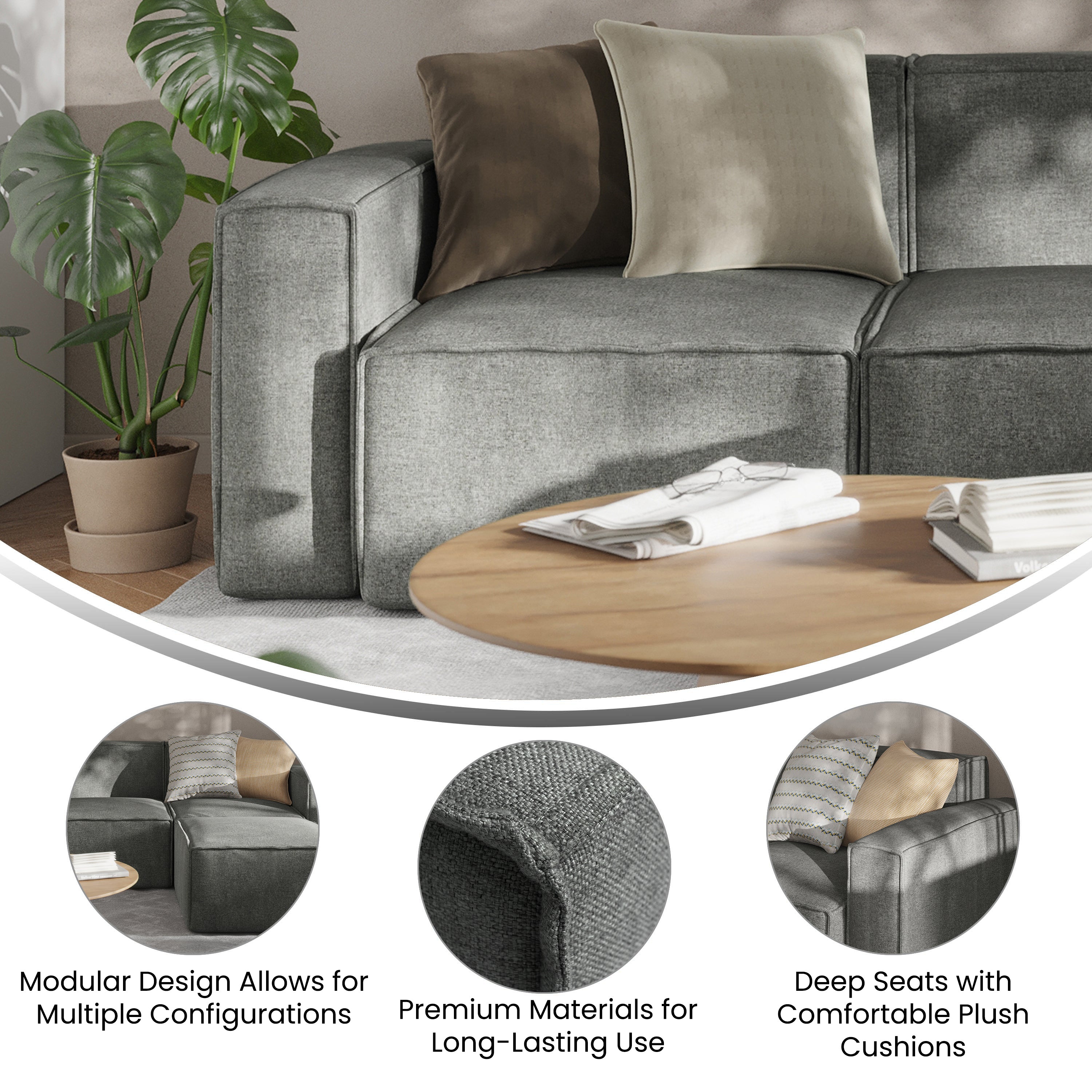 Bridgetown Luxury Modular Sectional Sofa Left Side with Arm Rest, Dark Gray