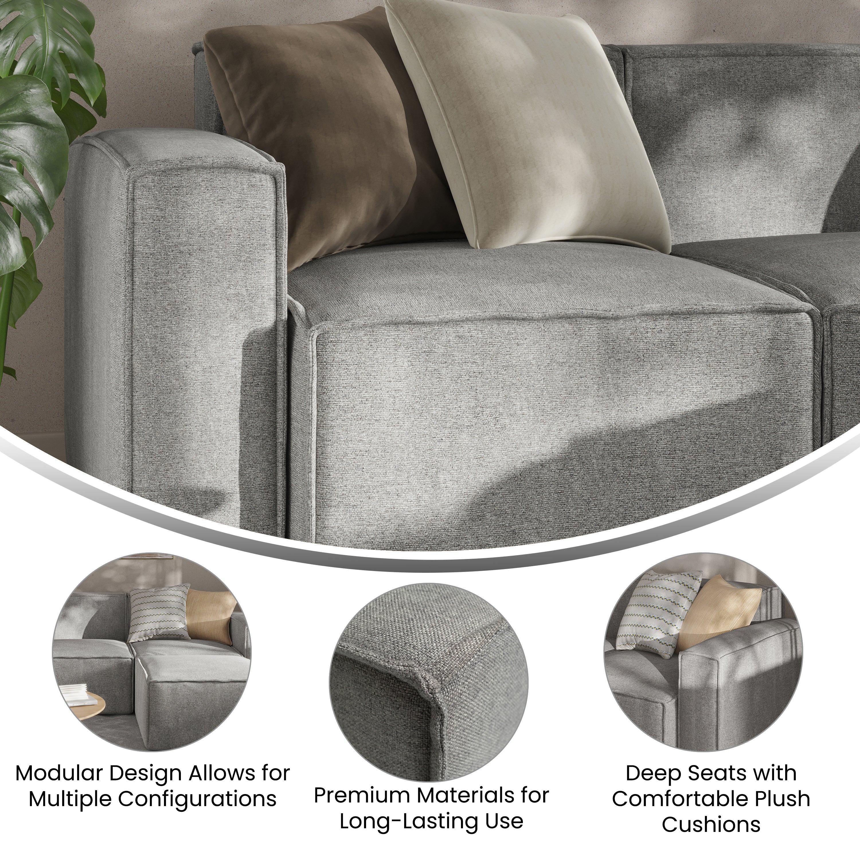 Bridgetown Luxury Modular Sectional Sofa Left Side with Arm Rest, Gray