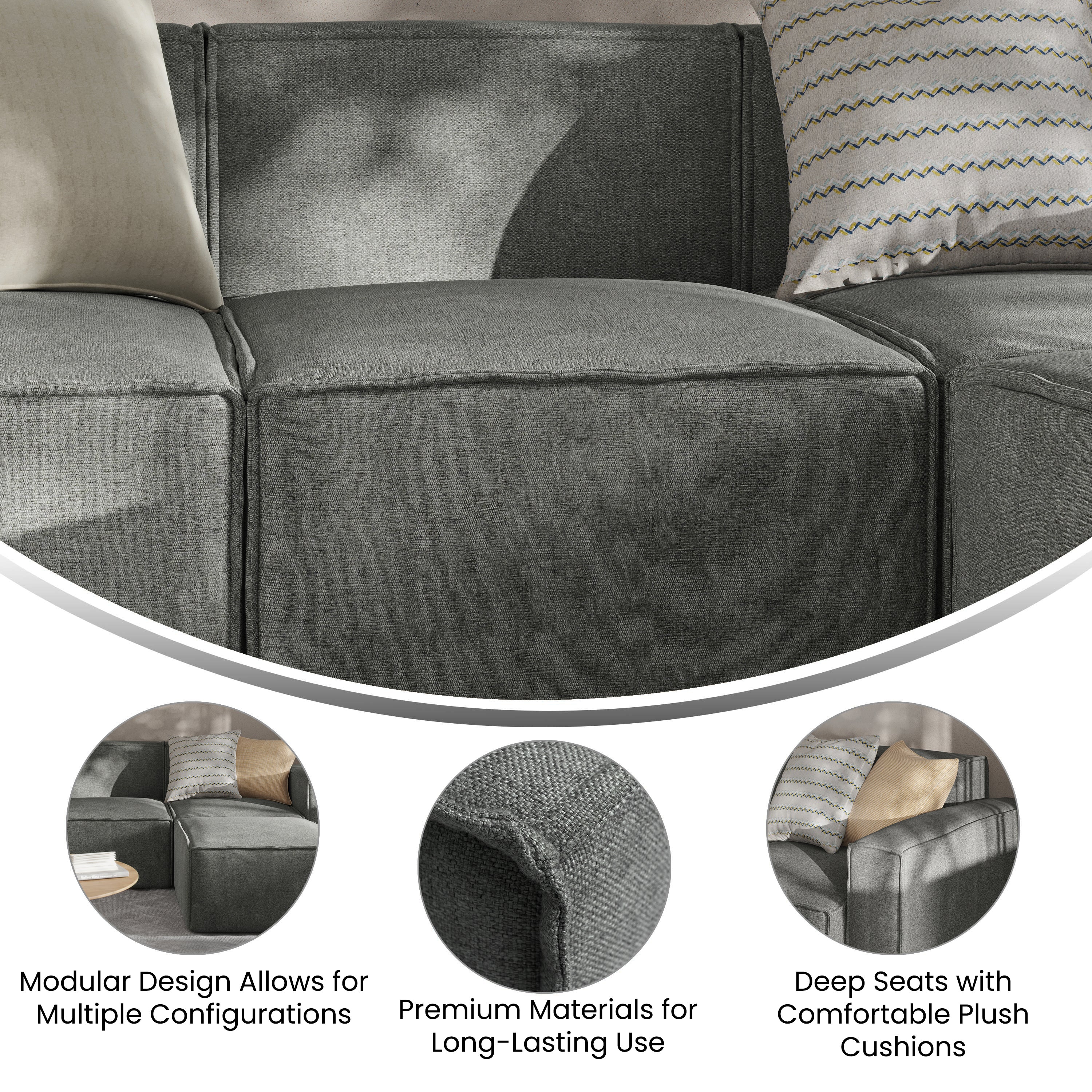 Bridgetown Luxury Modular Sectional Sofa Armless Center Seat, Dark Gray