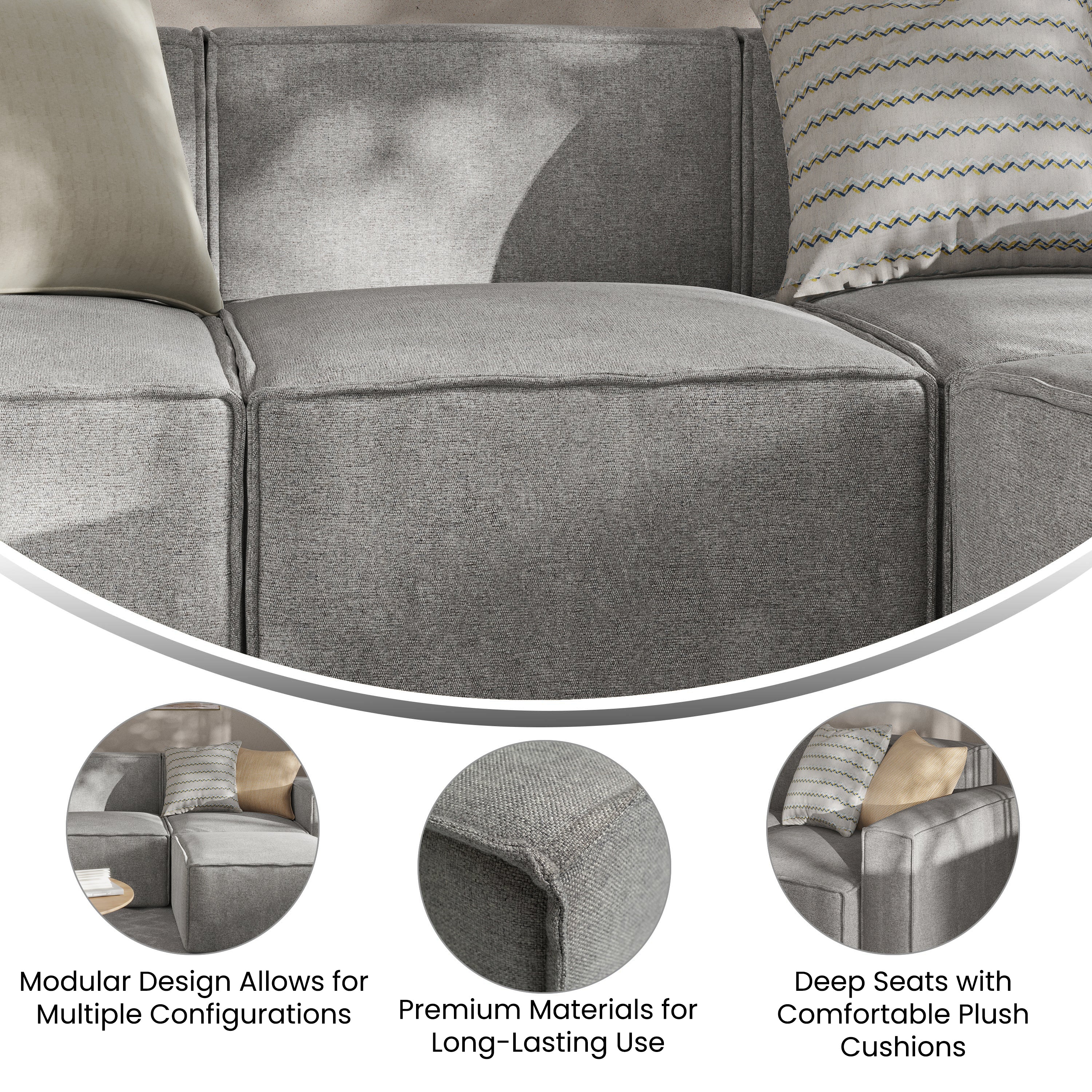 Bridgetown Luxury Modular Sectional Sofa Armless Center Seat, Gray