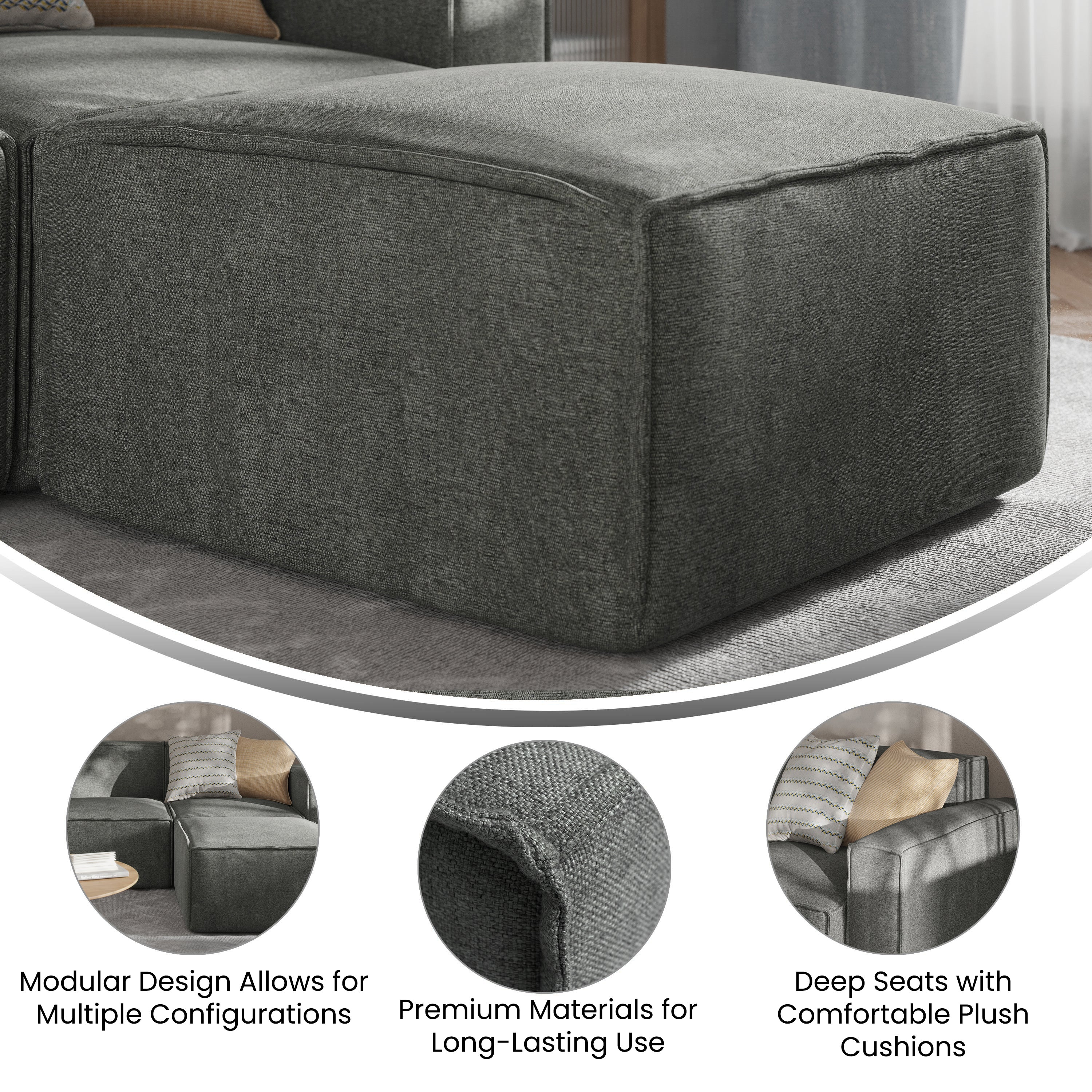 Bridgetown Luxury Modular Sectional Sofa Ottoman Seat, Dark Gray