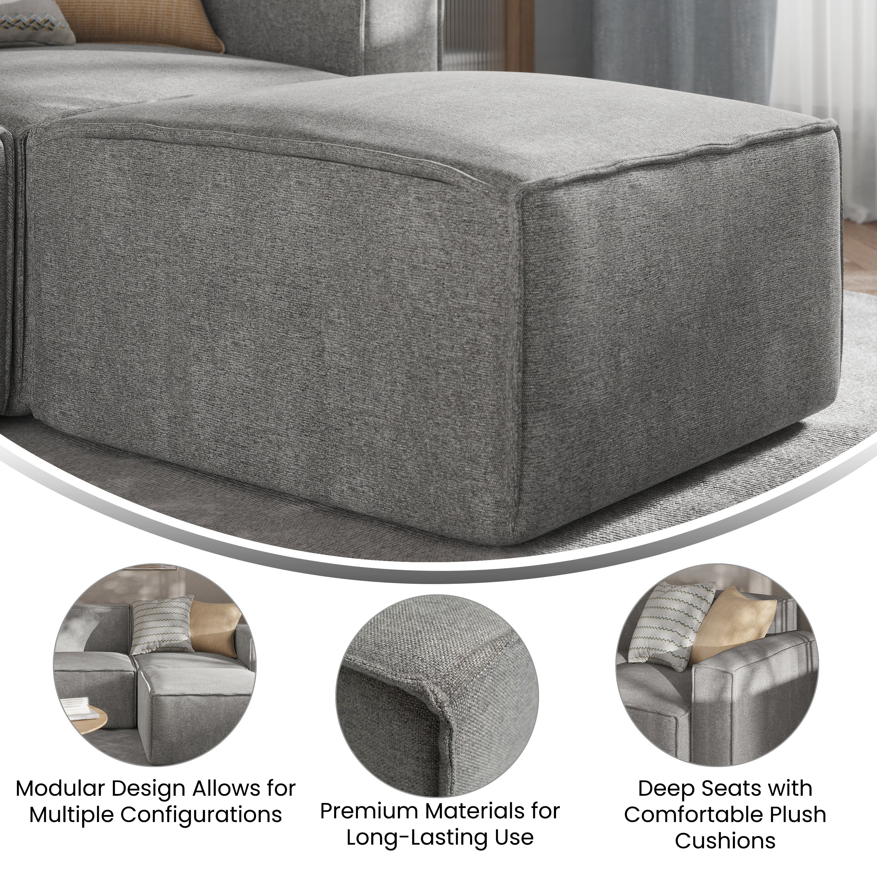 Bridgetown Luxury Modular Sectional Sofa Ottoman Seat, Gray