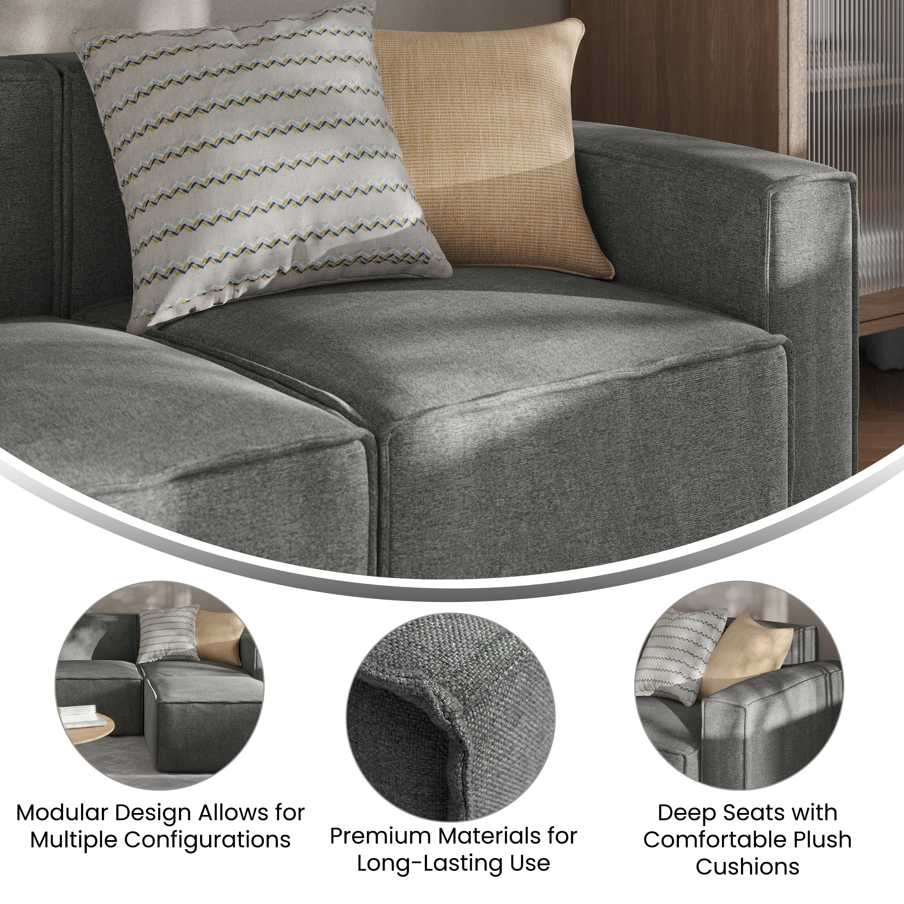 Bridgetown Luxury Modular Sectional Sofa Right Side with Arm Rest, Dark Gray