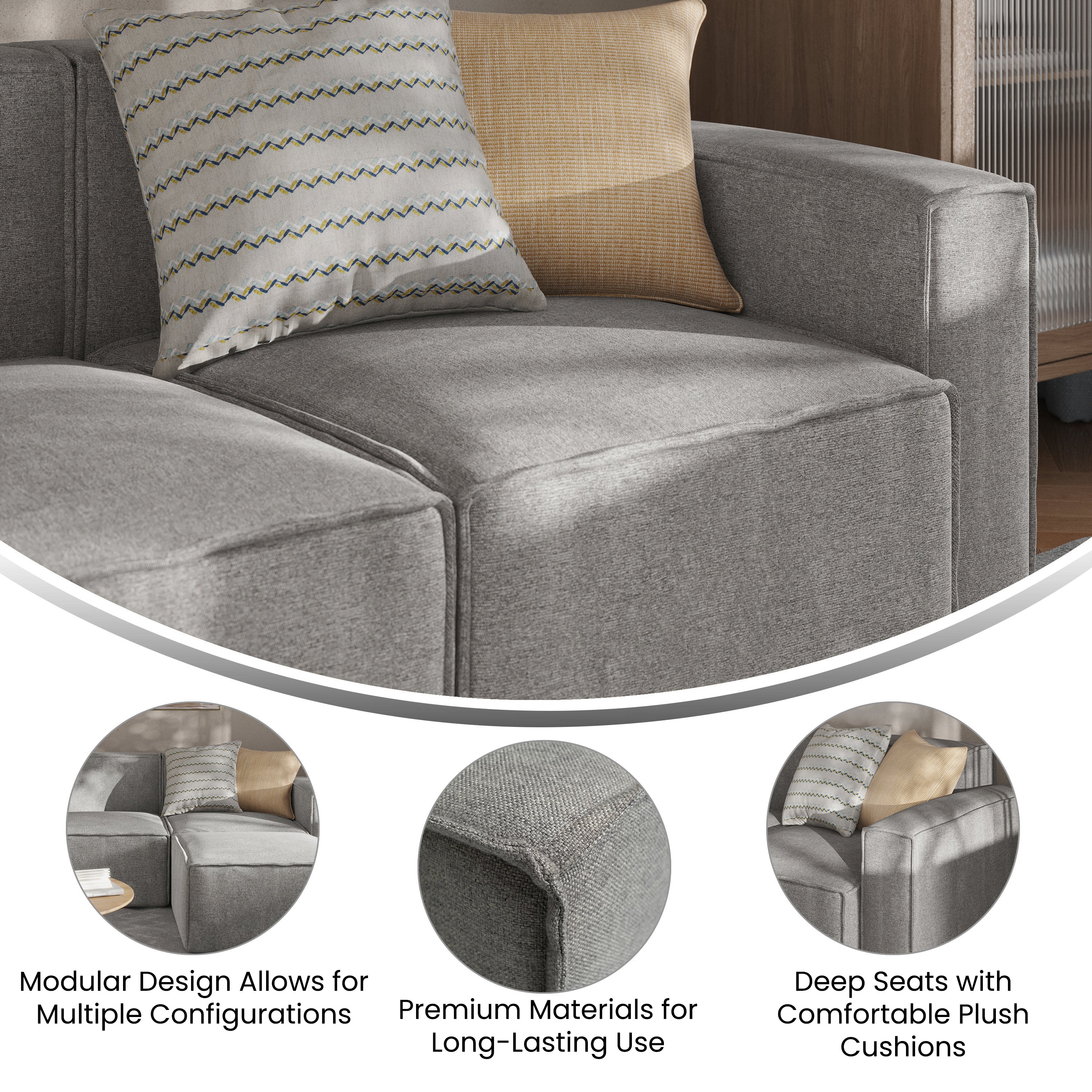 Bridgetown Luxury Modular Sectional Sofa Right Side with Arm Rest, Gray