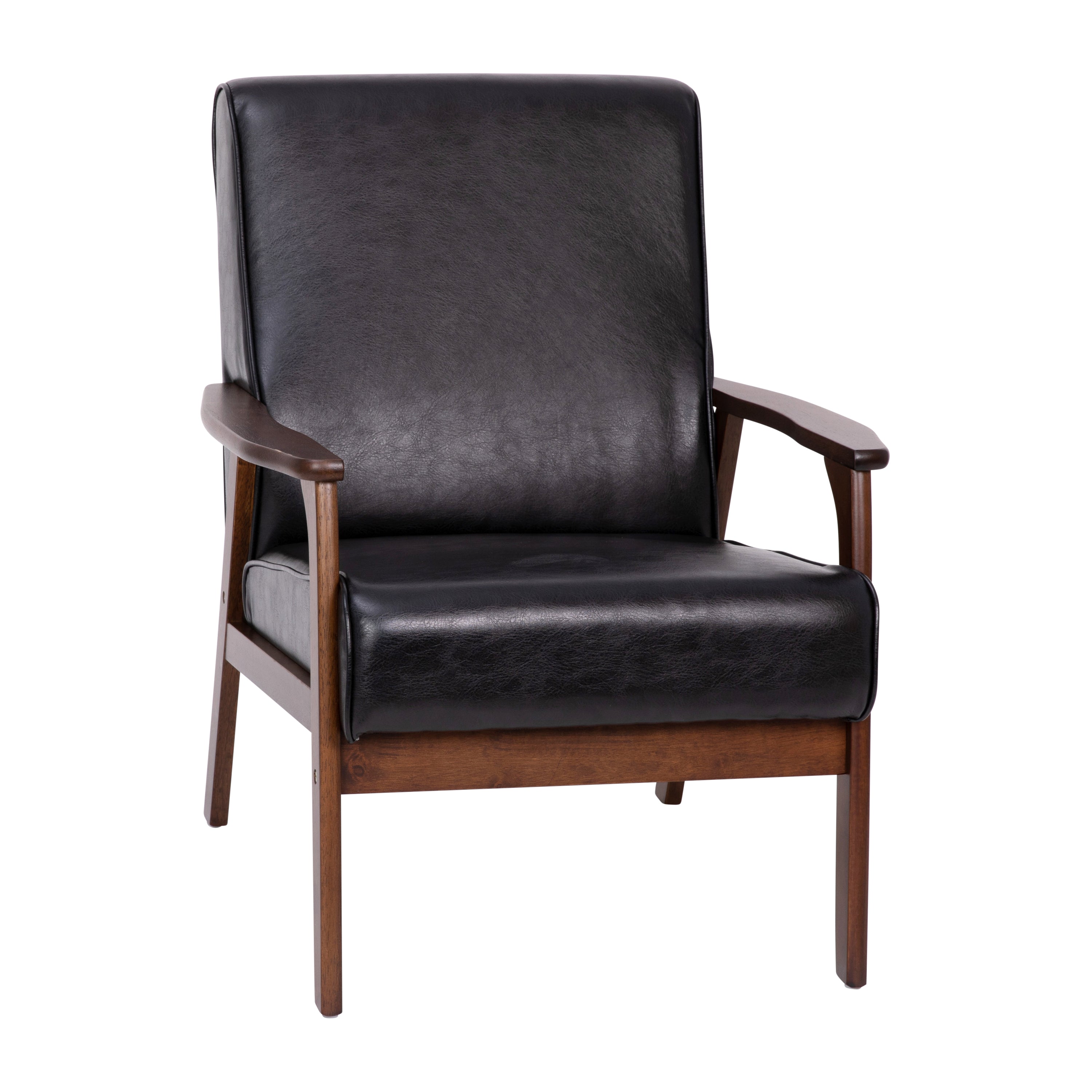 Langston Commercial Grade LeatherSoft Upholstered Mid Century Modern Arm Chair with Walnut Finished Wooden Frame and Arms in Black
