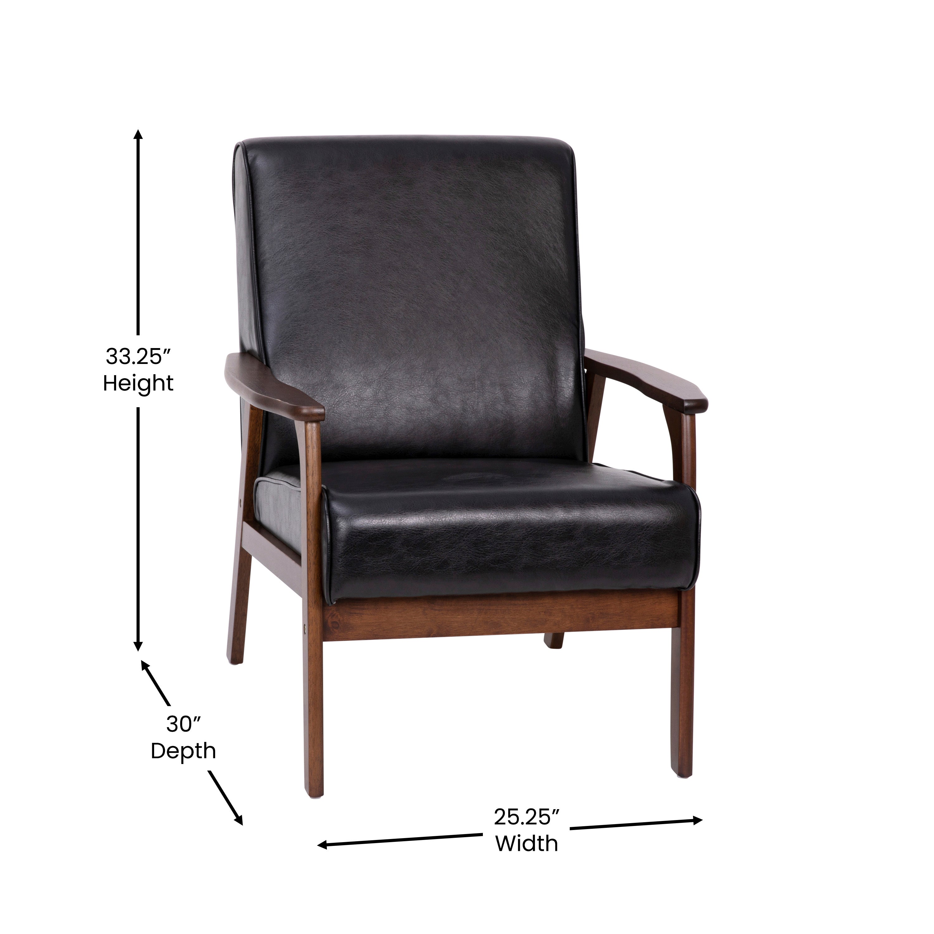 Langston Commercial Grade LeatherSoft Upholstered Mid Century Modern Arm Chair with Walnut Finished Wooden Frame and Arms in Black