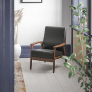 Langston Commercial Grade LeatherSoft Upholstered Mid Century Modern Arm Chair with Walnut Finished Wooden Frame and Arms in Black