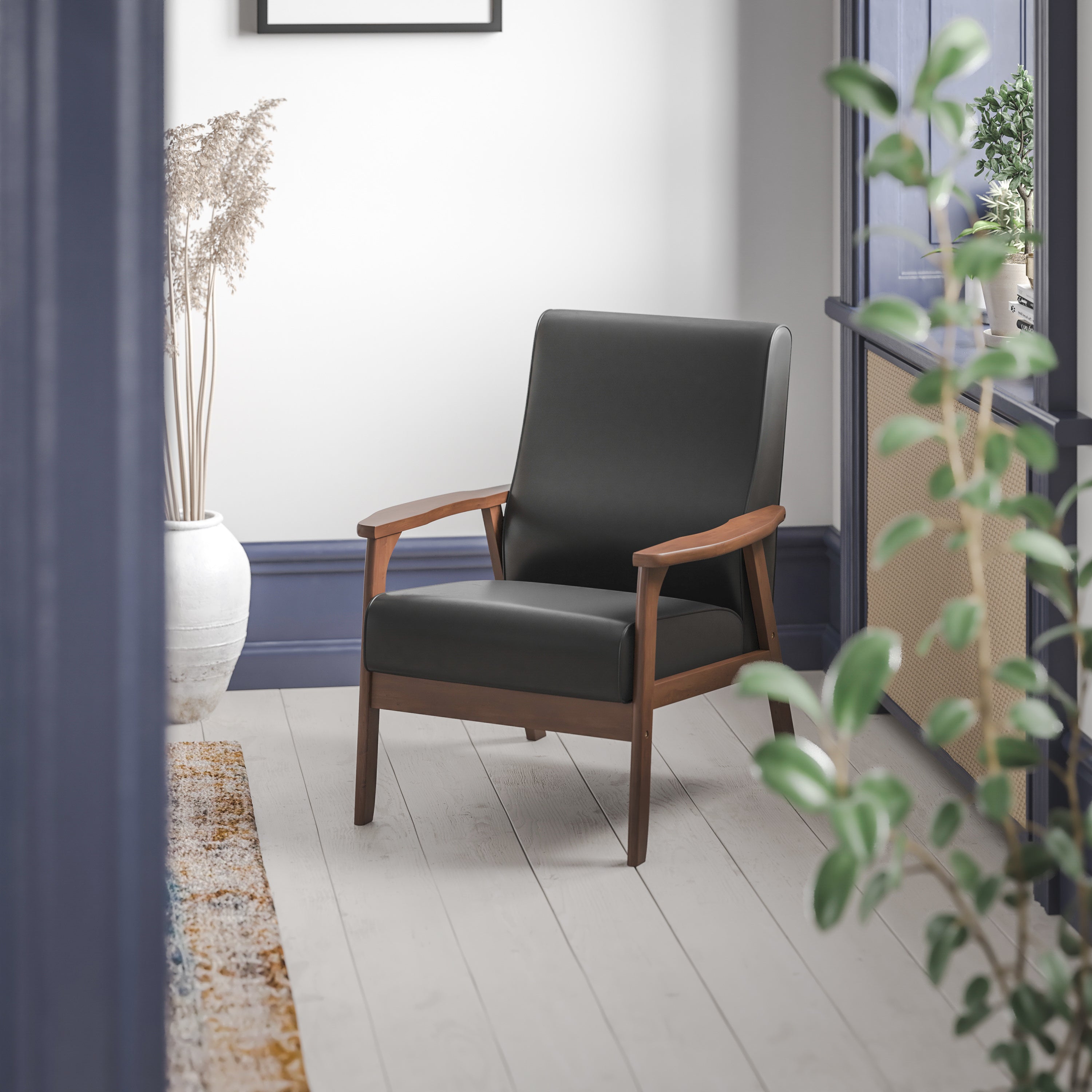 Langston Commercial Grade LeatherSoft Upholstered Mid Century Modern Arm Chair with Walnut Finished Wooden Frame and Arms in Black