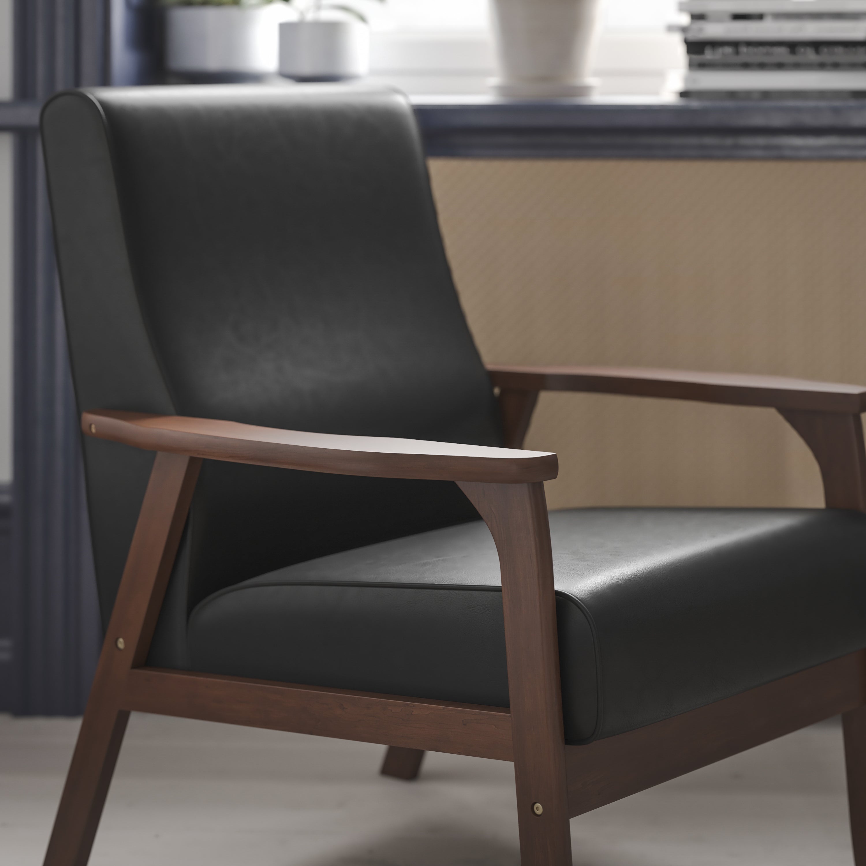 Langston Commercial Grade LeatherSoft Upholstered Mid Century Modern Arm Chair with Walnut Finished Wooden Frame and Arms in Black