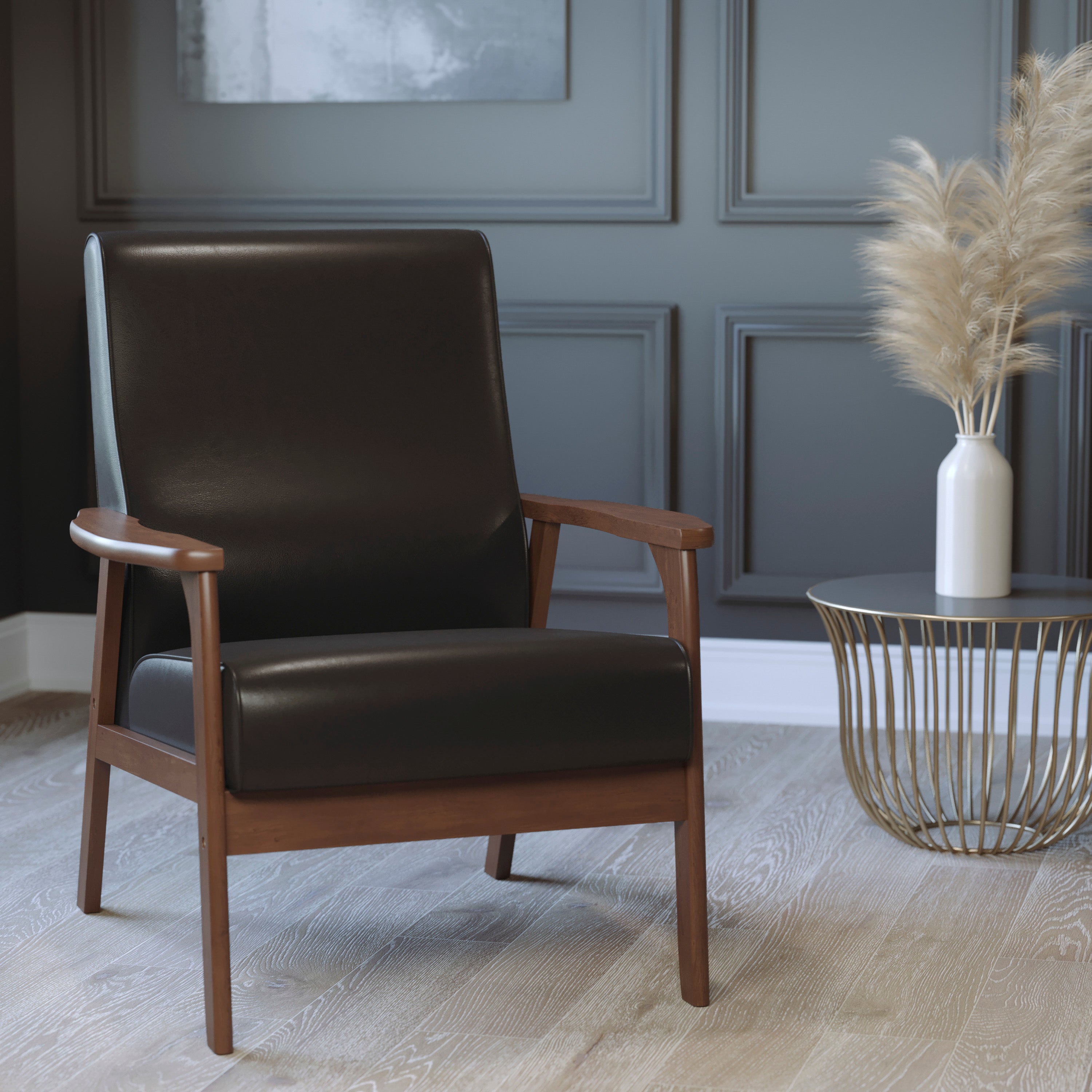 Langston Commercial Grade LeatherSoft Upholstered Mid Century Modern Arm Chair with Walnut Finished Wooden Frame and Arms in Black