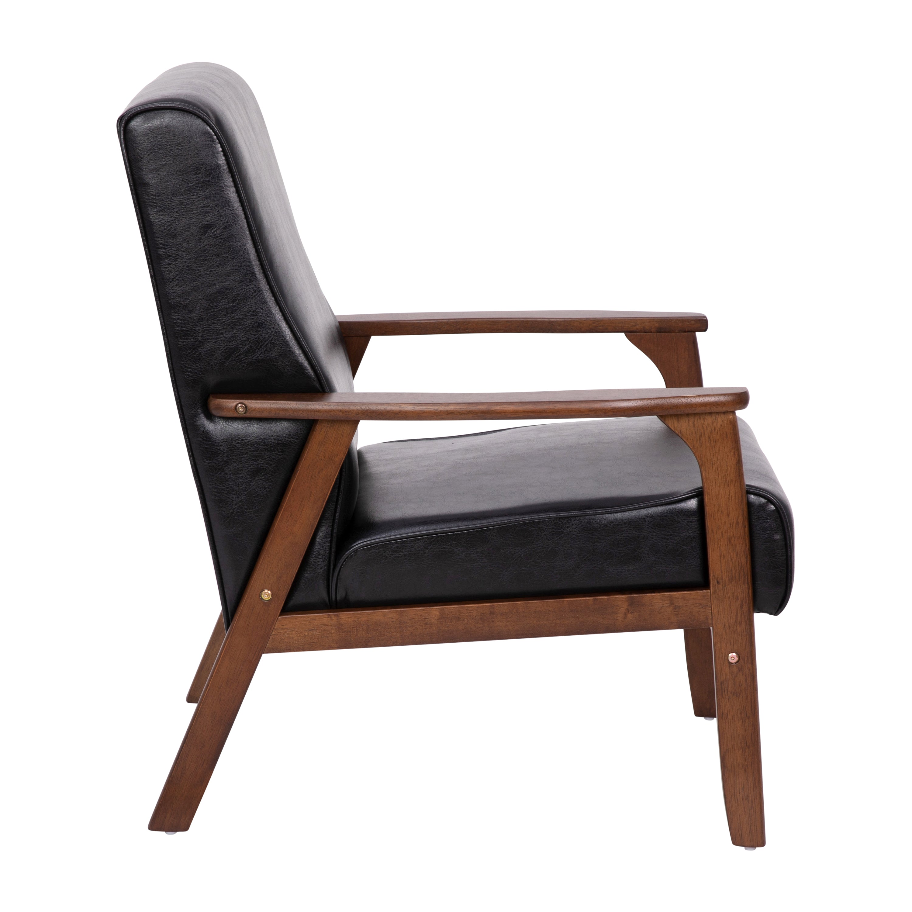 Langston Commercial Grade LeatherSoft Upholstered Mid Century Modern Arm Chair with Walnut Finished Wooden Frame and Arms in Black
