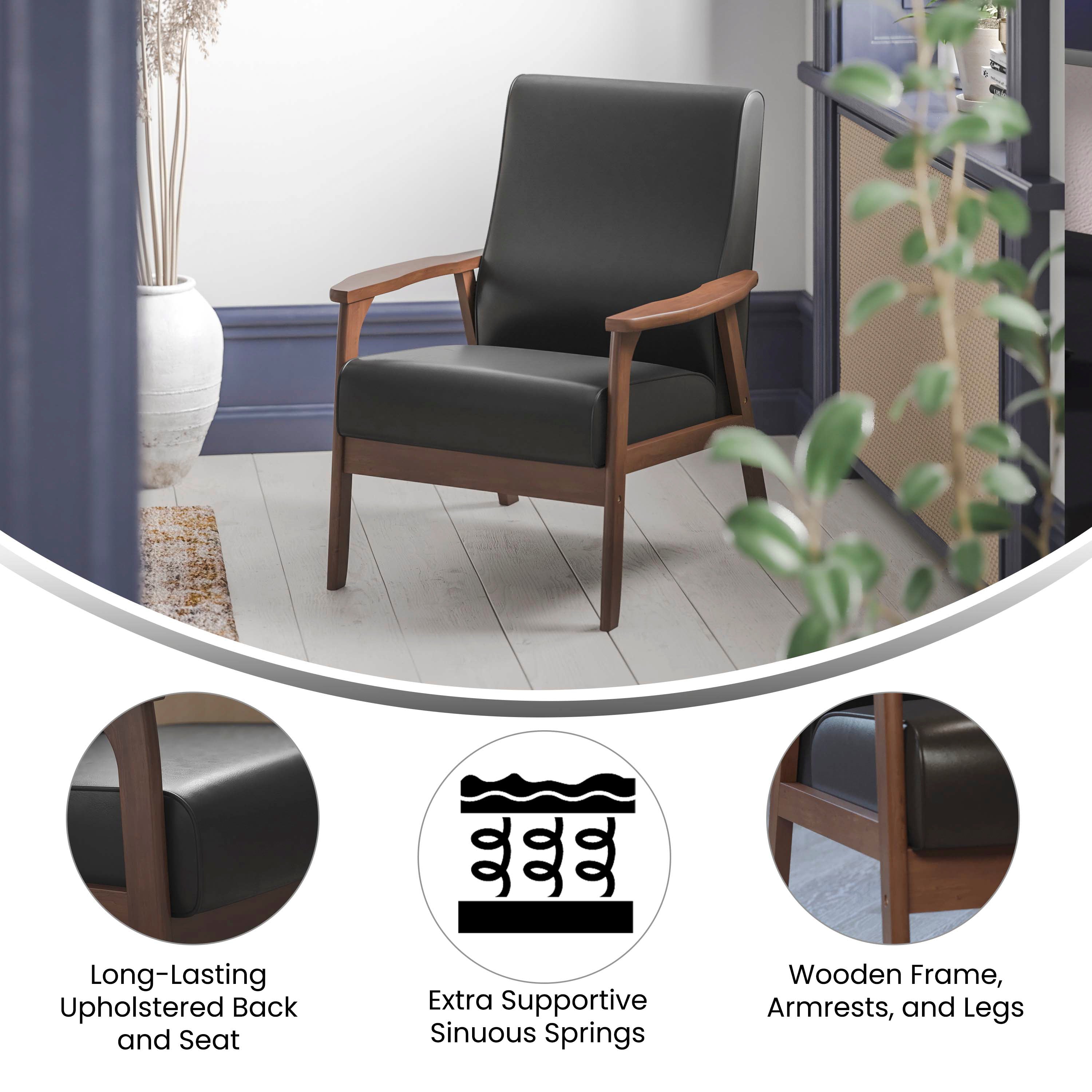 Langston Commercial Grade LeatherSoft Upholstered Mid Century Modern Arm Chair with Walnut Finished Wooden Frame and Arms in Black
