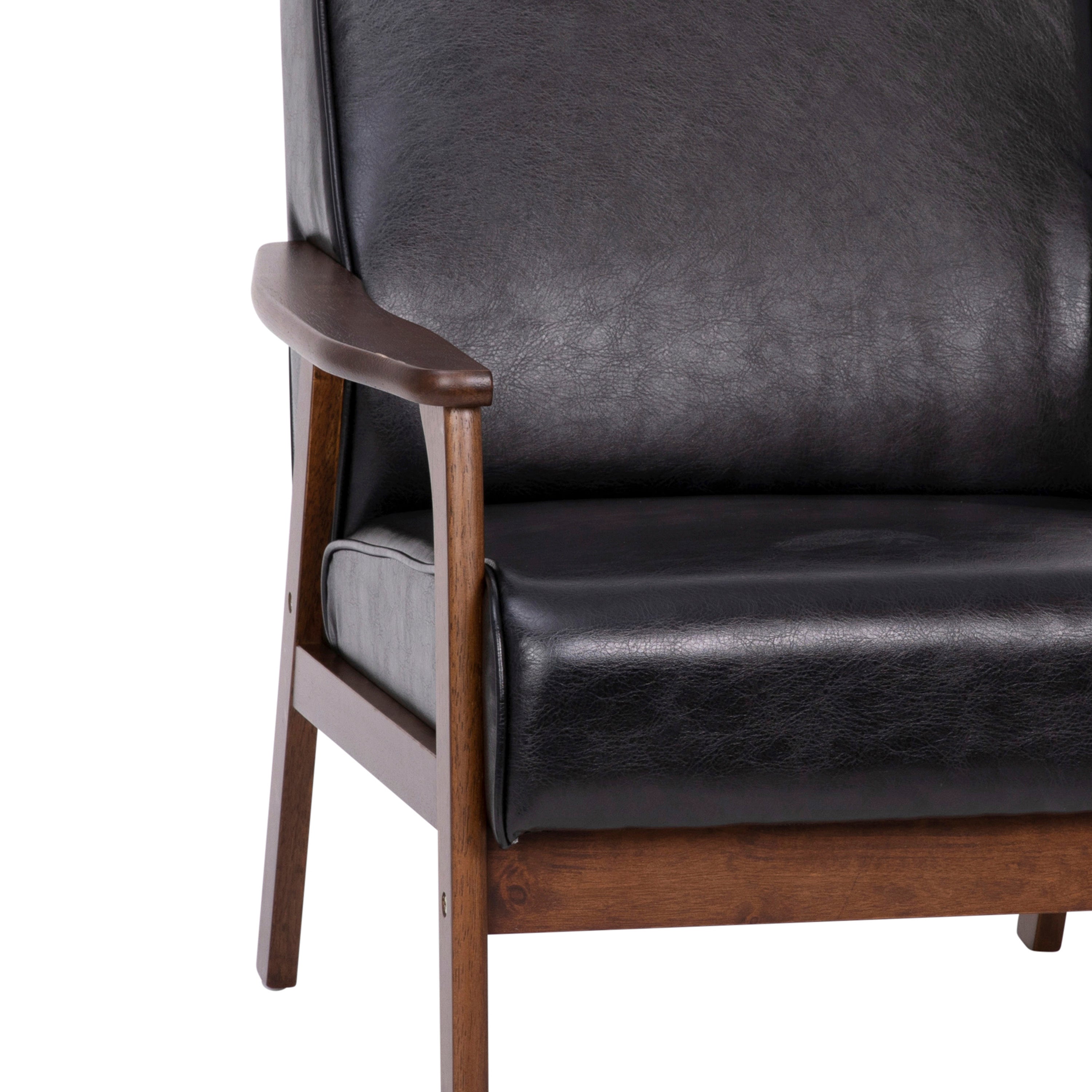 Langston Commercial Grade LeatherSoft Upholstered Mid Century Modern Arm Chair with Walnut Finished Wooden Frame and Arms in Black