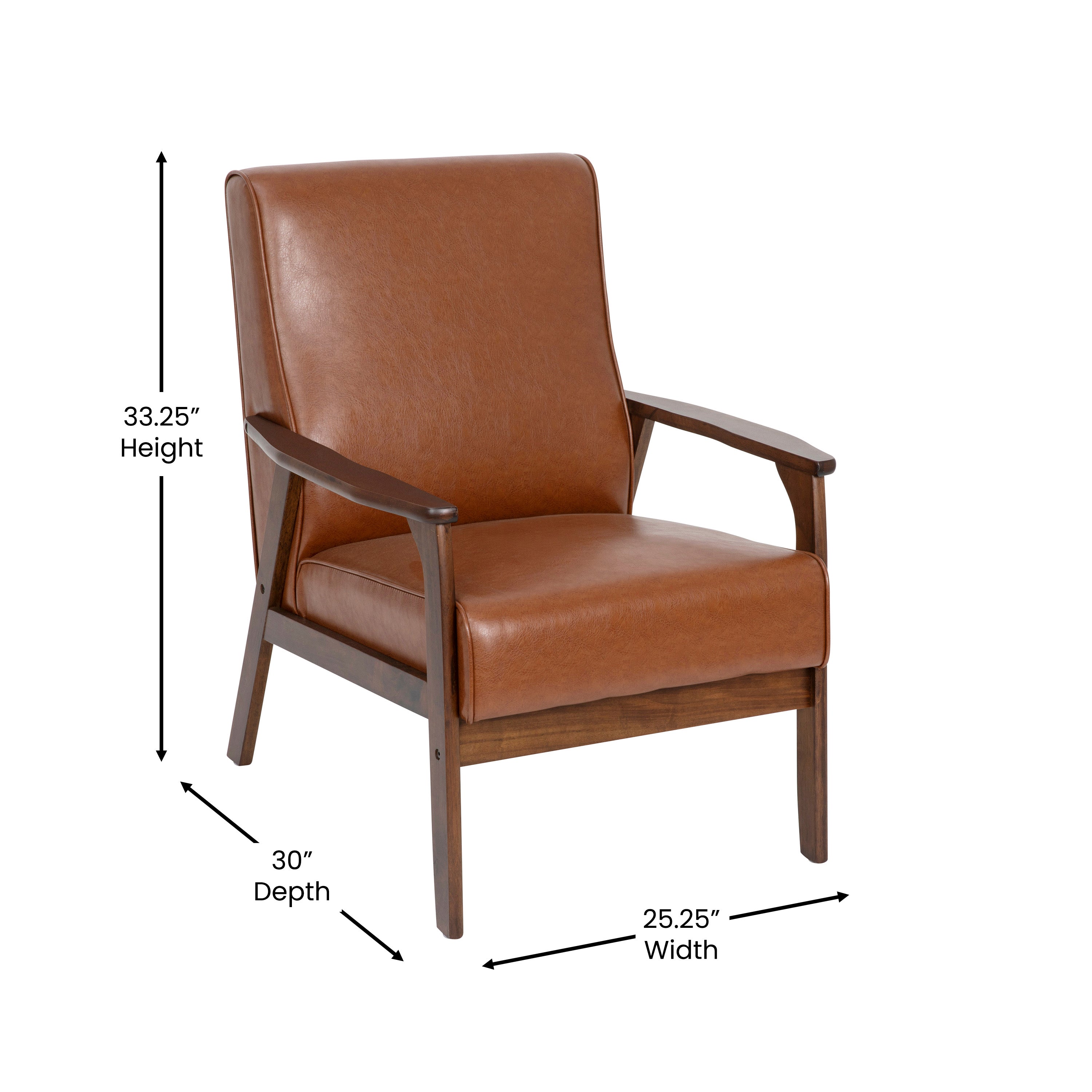 Langston Commercial Grade LeatherSoft Upholstered Mid Century Modern Arm Chair with Walnut Finished Wooden Frame and Arms in Cognac