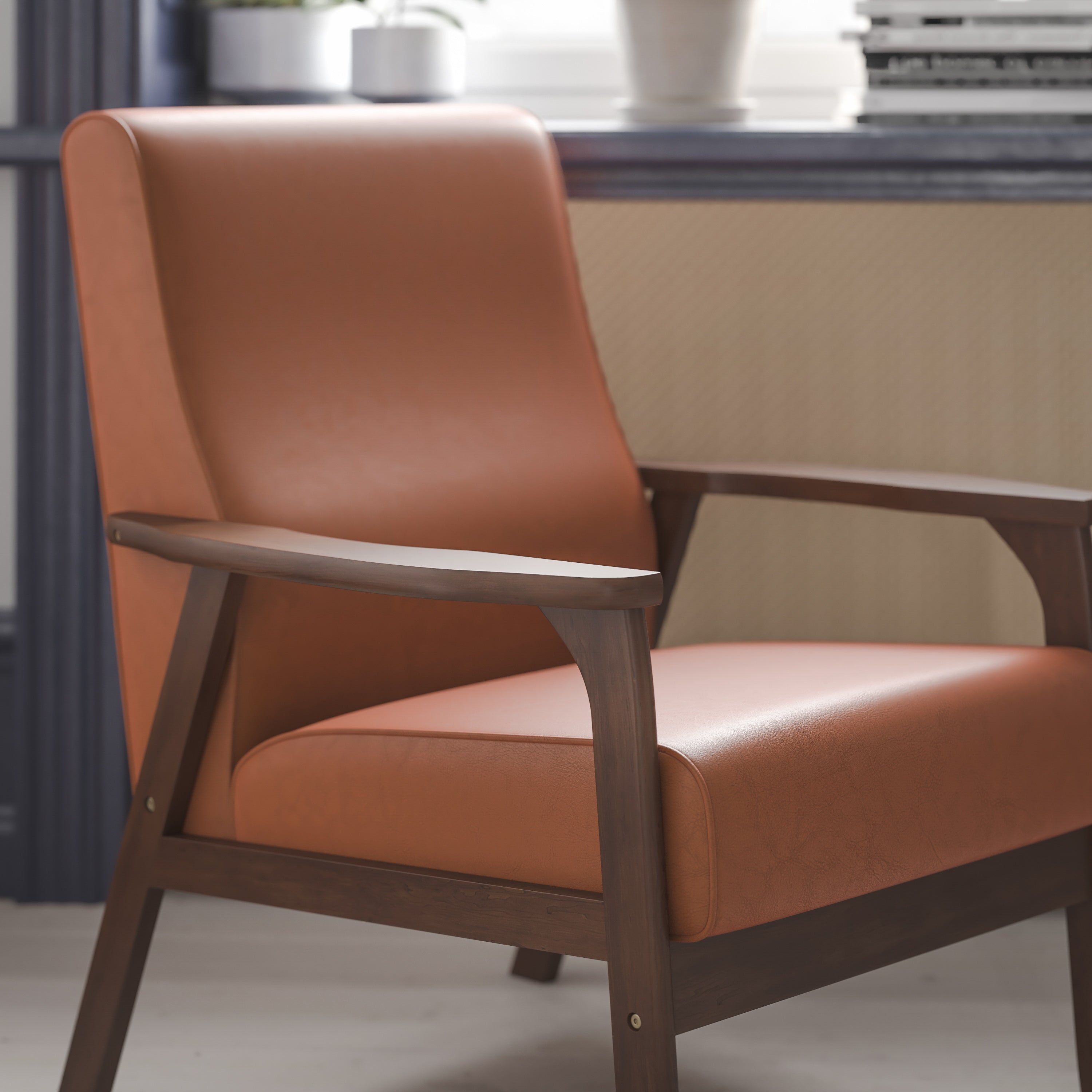 Langston Commercial Grade LeatherSoft Upholstered Mid Century Modern Arm Chair with Walnut Finished Wooden Frame and Arms in Cognac