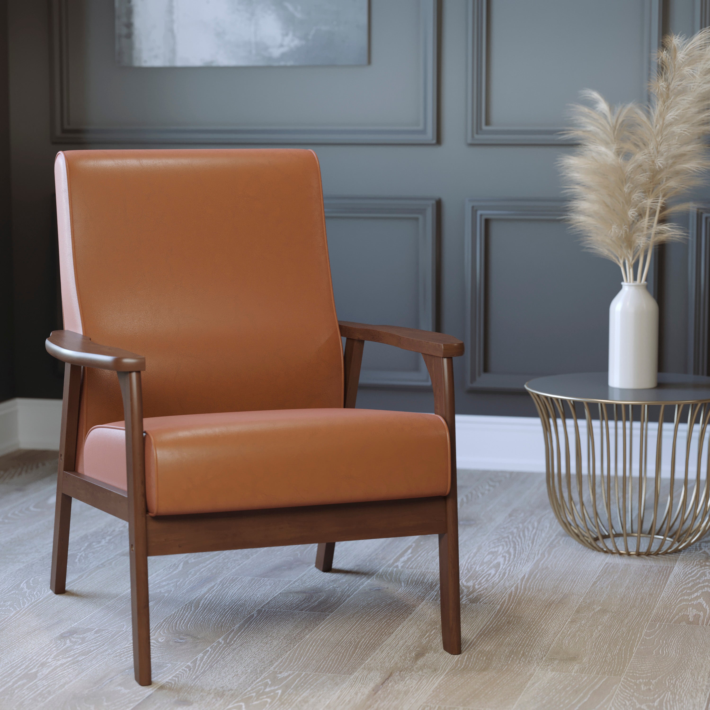 Langston Commercial Grade LeatherSoft Upholstered Mid Century Modern Arm Chair with Walnut Finished Wooden Frame and Arms in Cognac