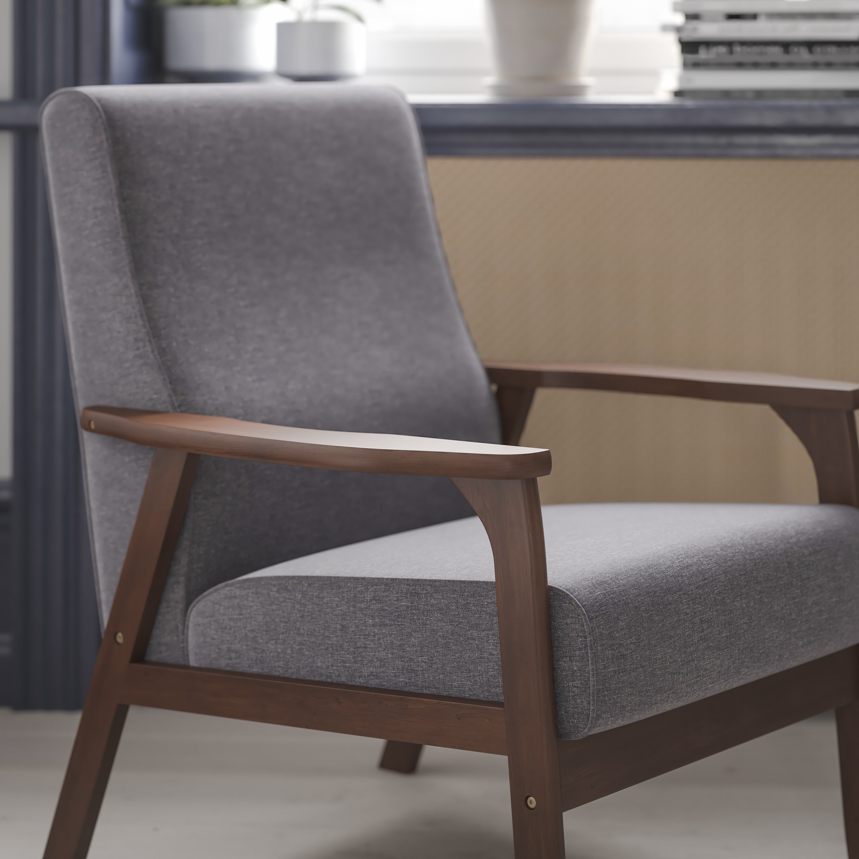 Langston Commercial Grade Faux Linen Upholstered Mid Century Modern Arm Chair with Walnut Finished Wooden Frame and Arms in Gray