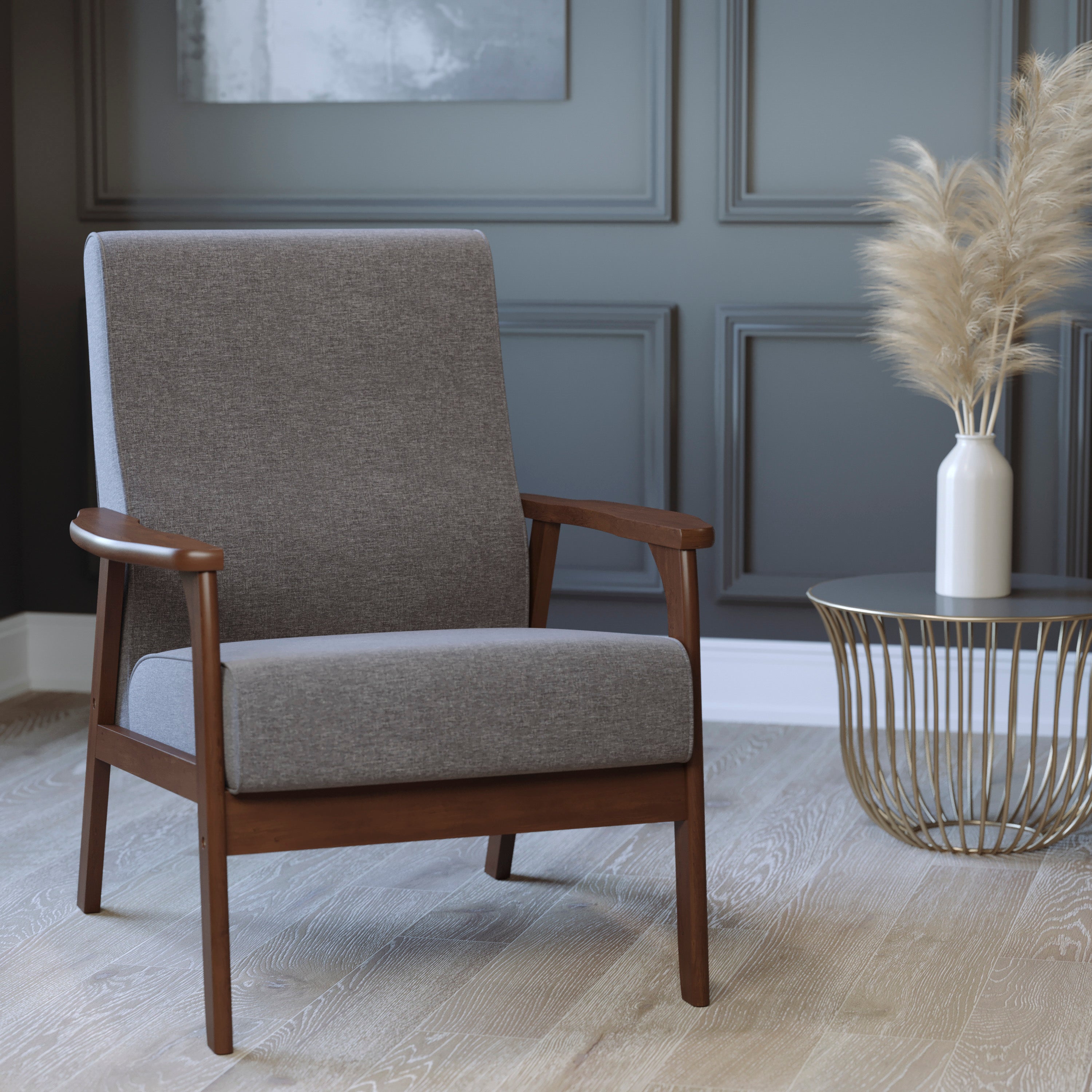 Langston Commercial Grade Faux Linen Upholstered Mid Century Modern Arm Chair with Walnut Finished Wooden Frame and Arms in Gray