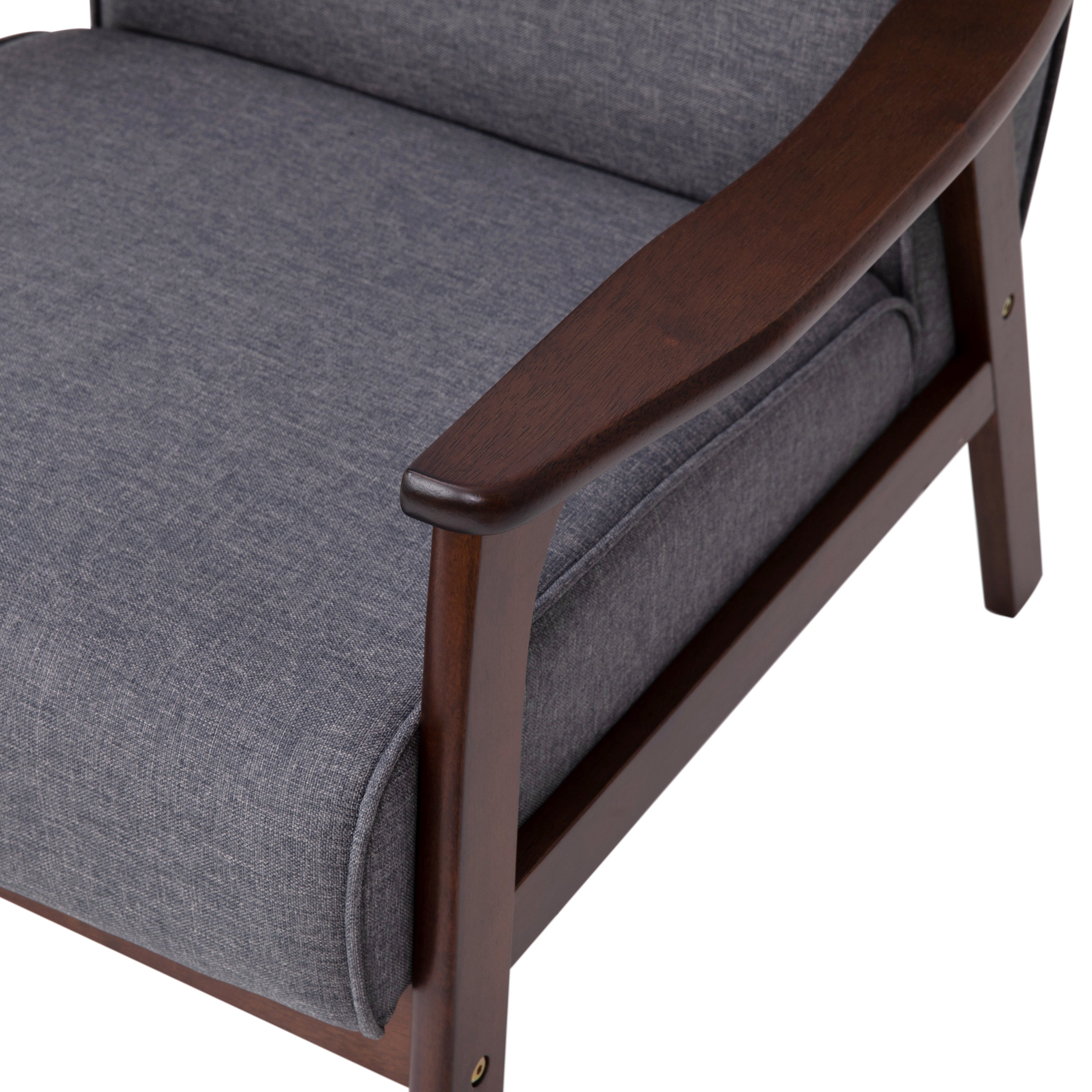 Langston Commercial Grade Faux Linen Upholstered Mid Century Modern Arm Chair with Walnut Finished Wooden Frame and Arms in Gray
