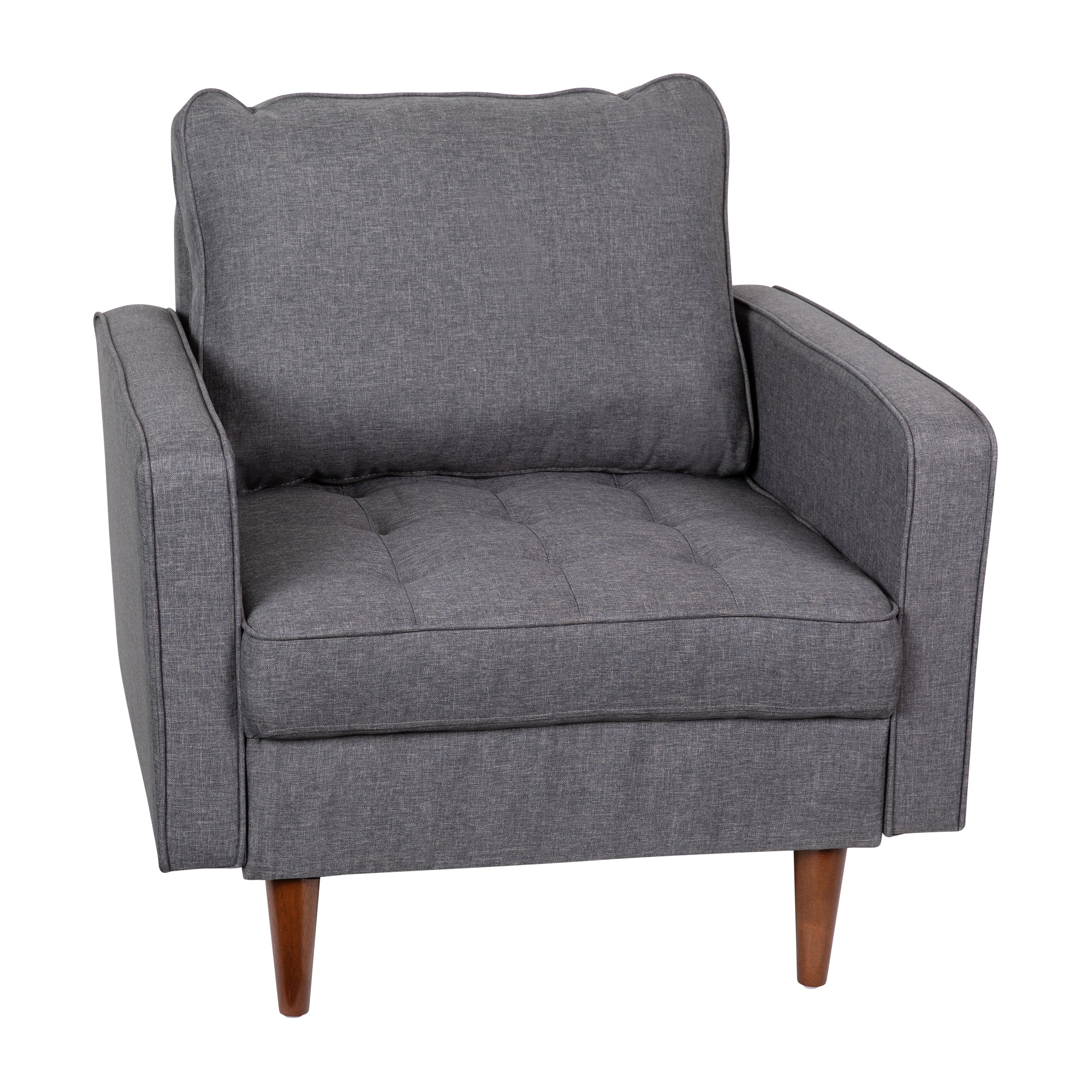 Hudson Mid-Century Modern Commercial Grade Armchair with Tufted Faux Linen Upholstery & Solid Wood Legs in Dark Gray