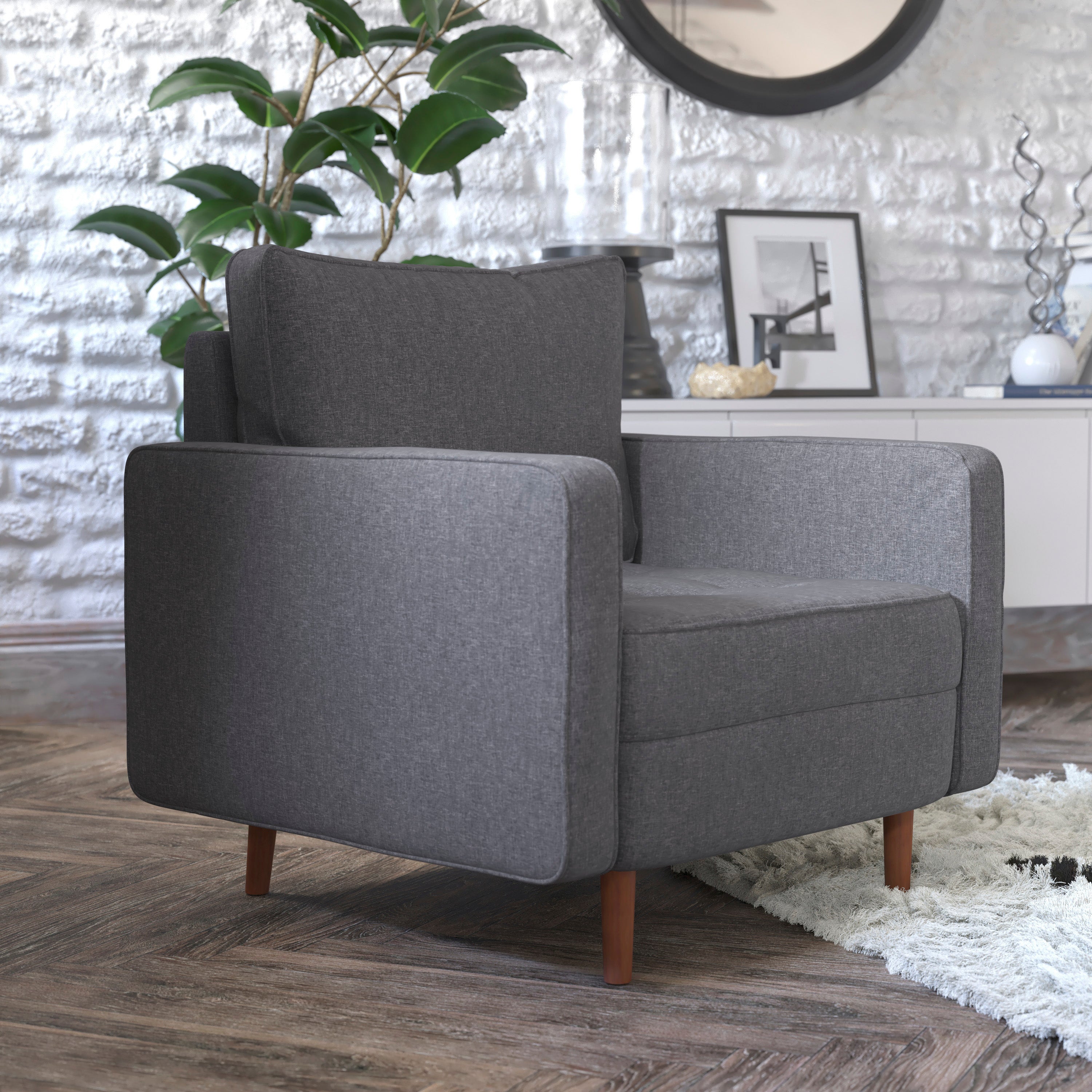Hudson Mid-Century Modern Commercial Grade Armchair with Tufted Faux Linen Upholstery & Solid Wood Legs in Dark Gray