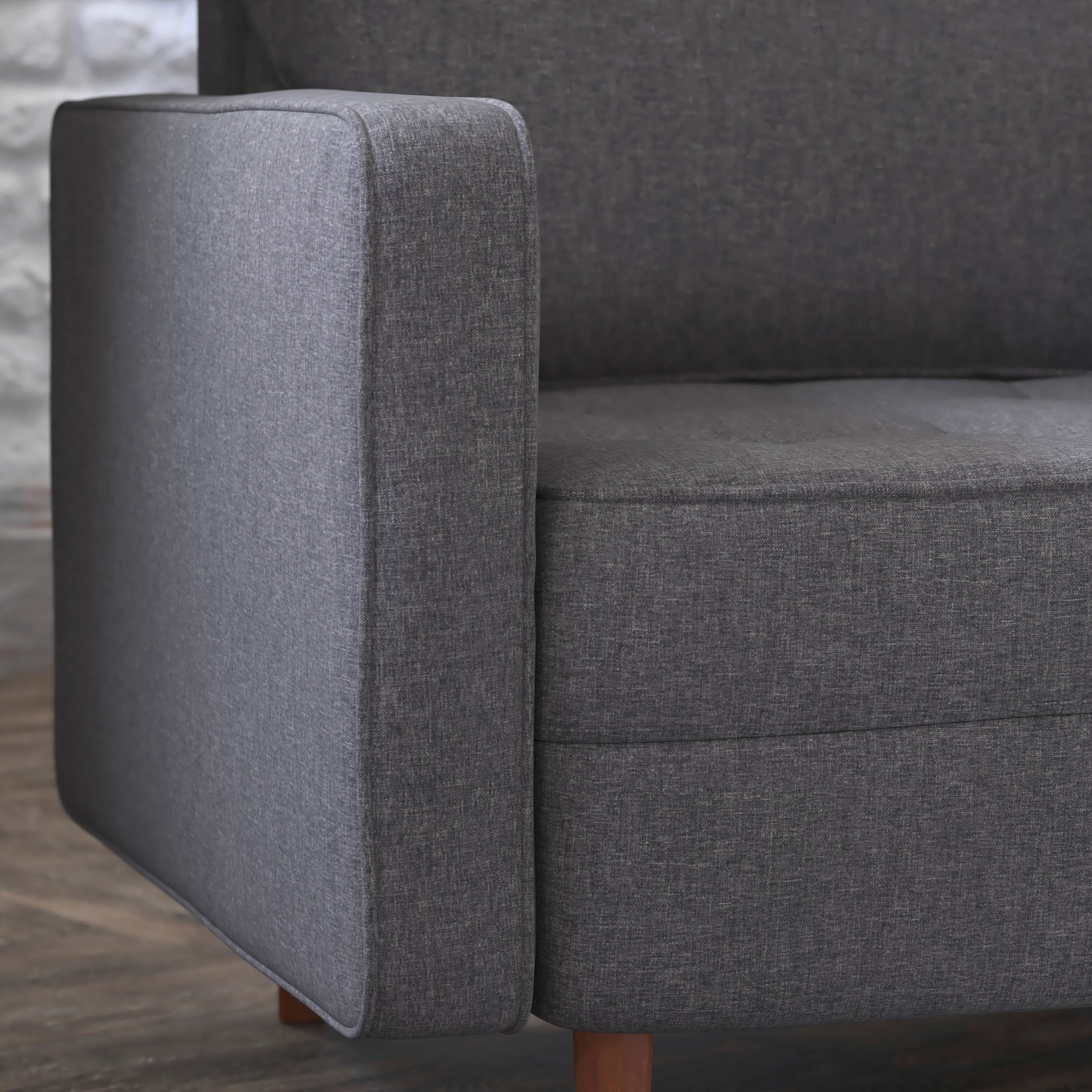 Hudson Mid-Century Modern Commercial Grade Armchair with Tufted Faux Linen Upholstery & Solid Wood Legs in Dark Gray