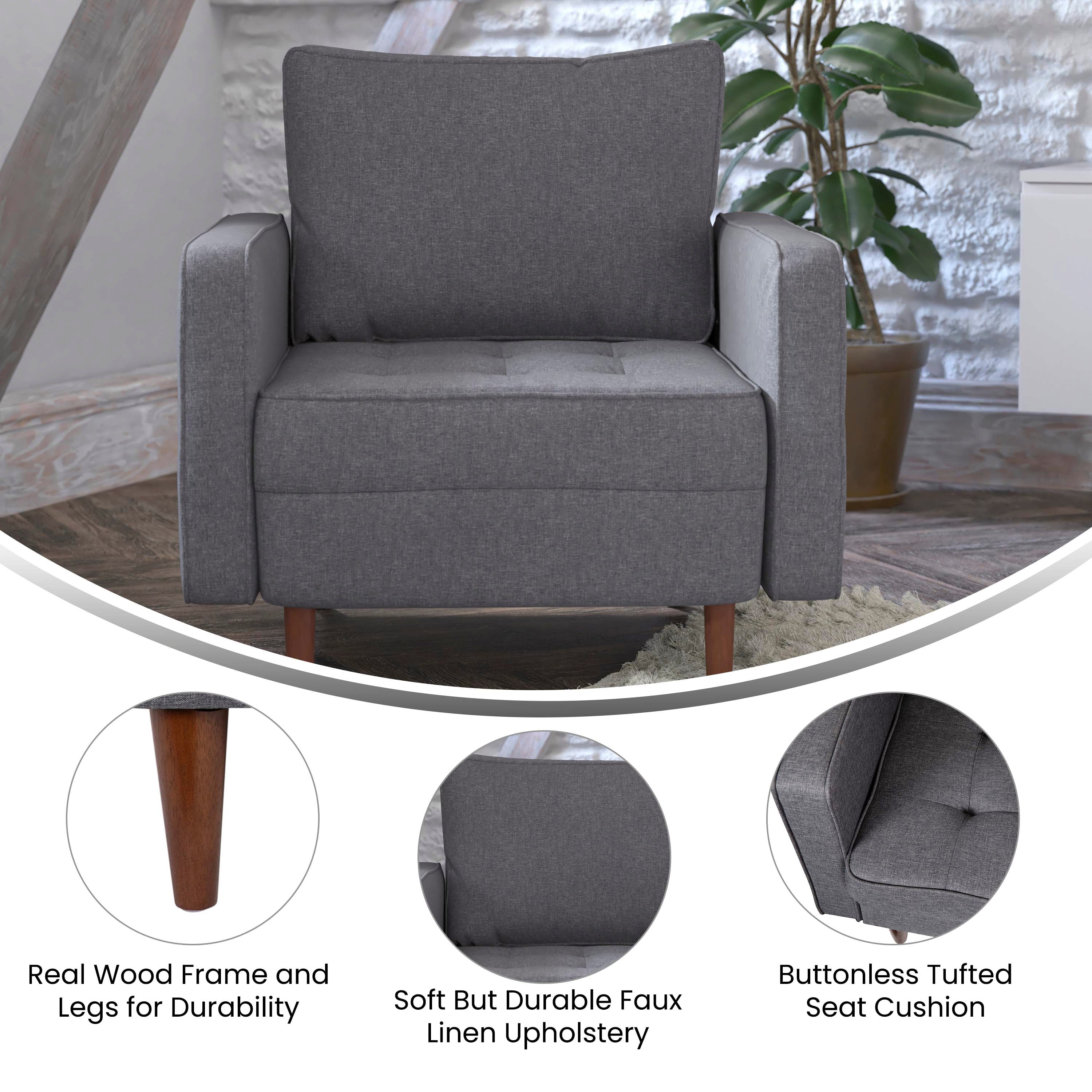 Hudson Mid-Century Modern Commercial Grade Armchair with Tufted Faux Linen Upholstery & Solid Wood Legs in Dark Gray