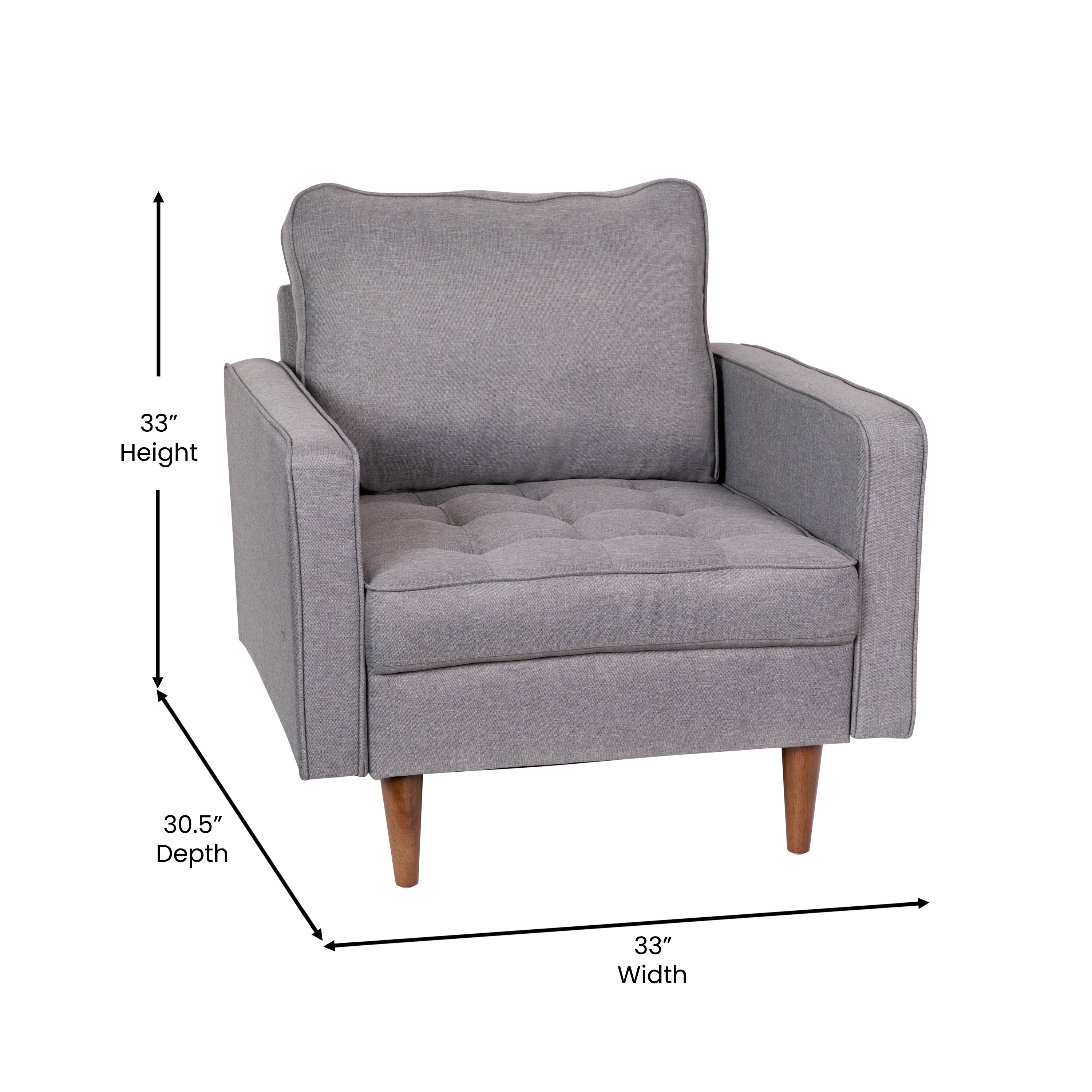 Hudson Mid-Century Modern Commercial Grade Armchair with Tufted Faux Linen Upholstery & Solid Wood Legs in Slate Gray