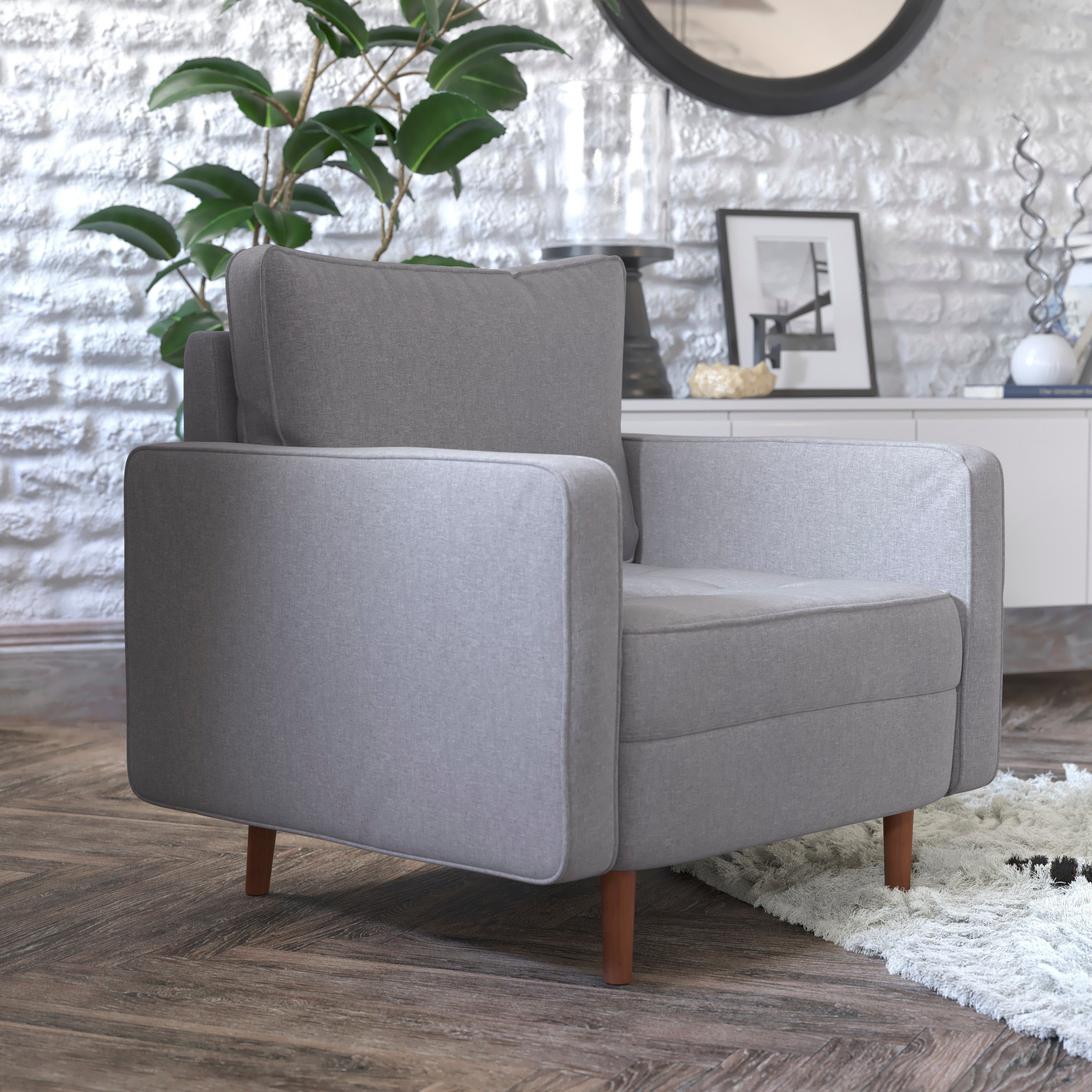 Hudson Mid-Century Modern Commercial Grade Armchair with Tufted Faux Linen Upholstery & Solid Wood Legs in Slate Gray