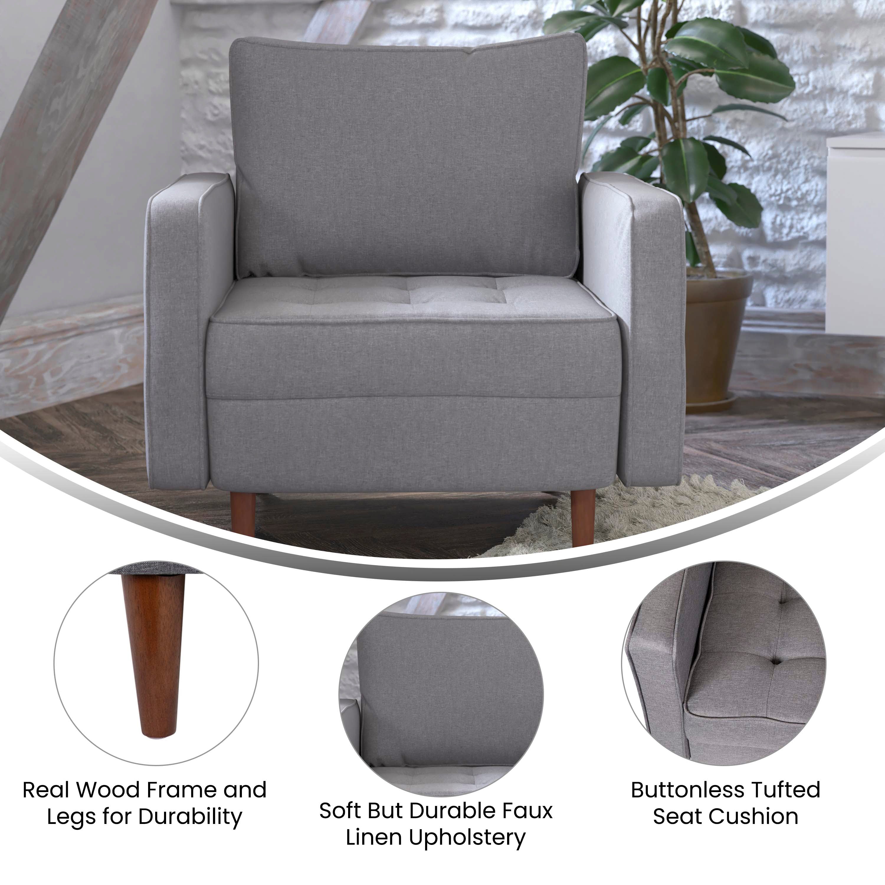 Hudson Mid-Century Modern Commercial Grade Armchair with Tufted Faux Linen Upholstery & Solid Wood Legs in Slate Gray