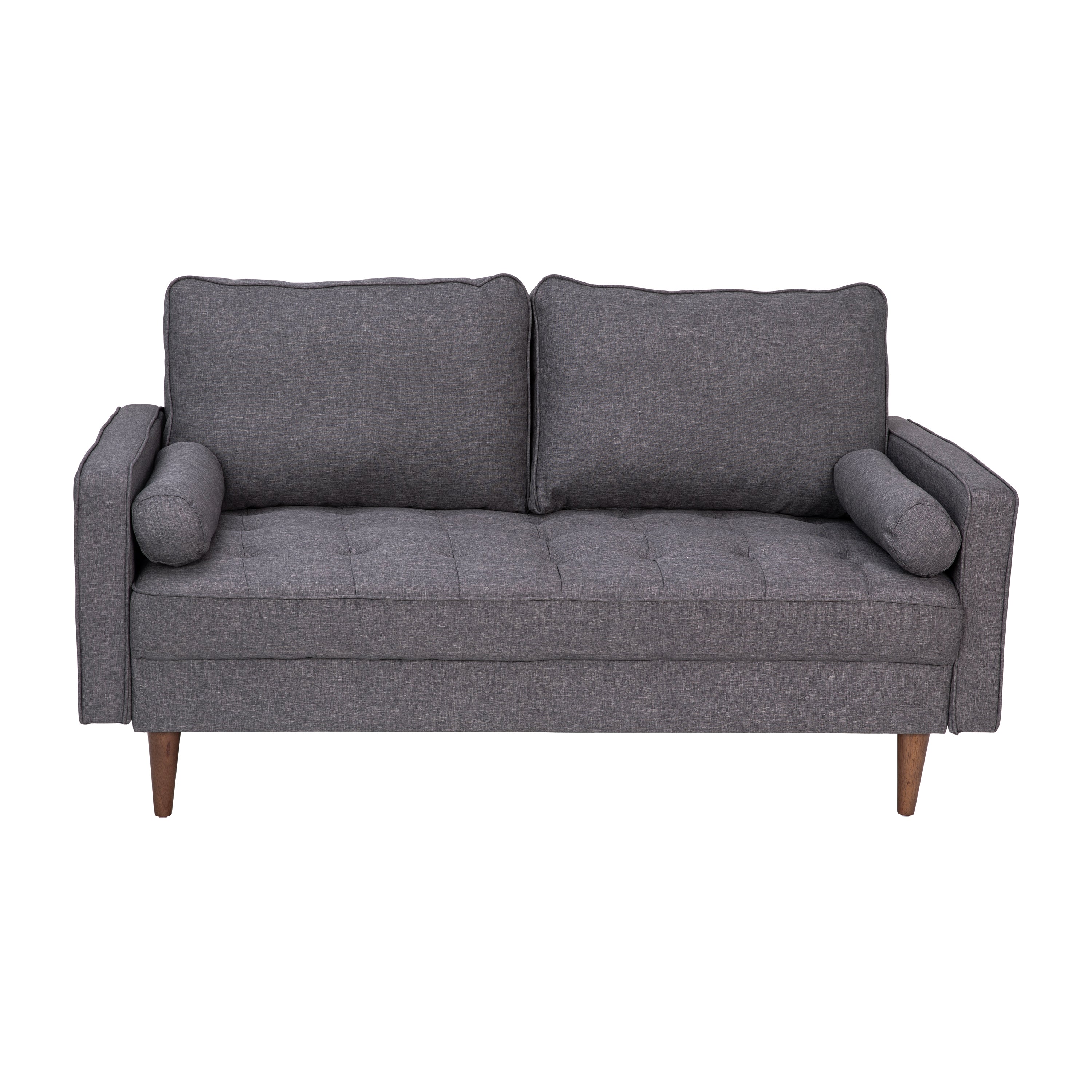 Hudson Mid-Century Modern Loveseat Sofa with Tufted Faux Linen Upholstery & Solid Wood Legs in Dark Gray