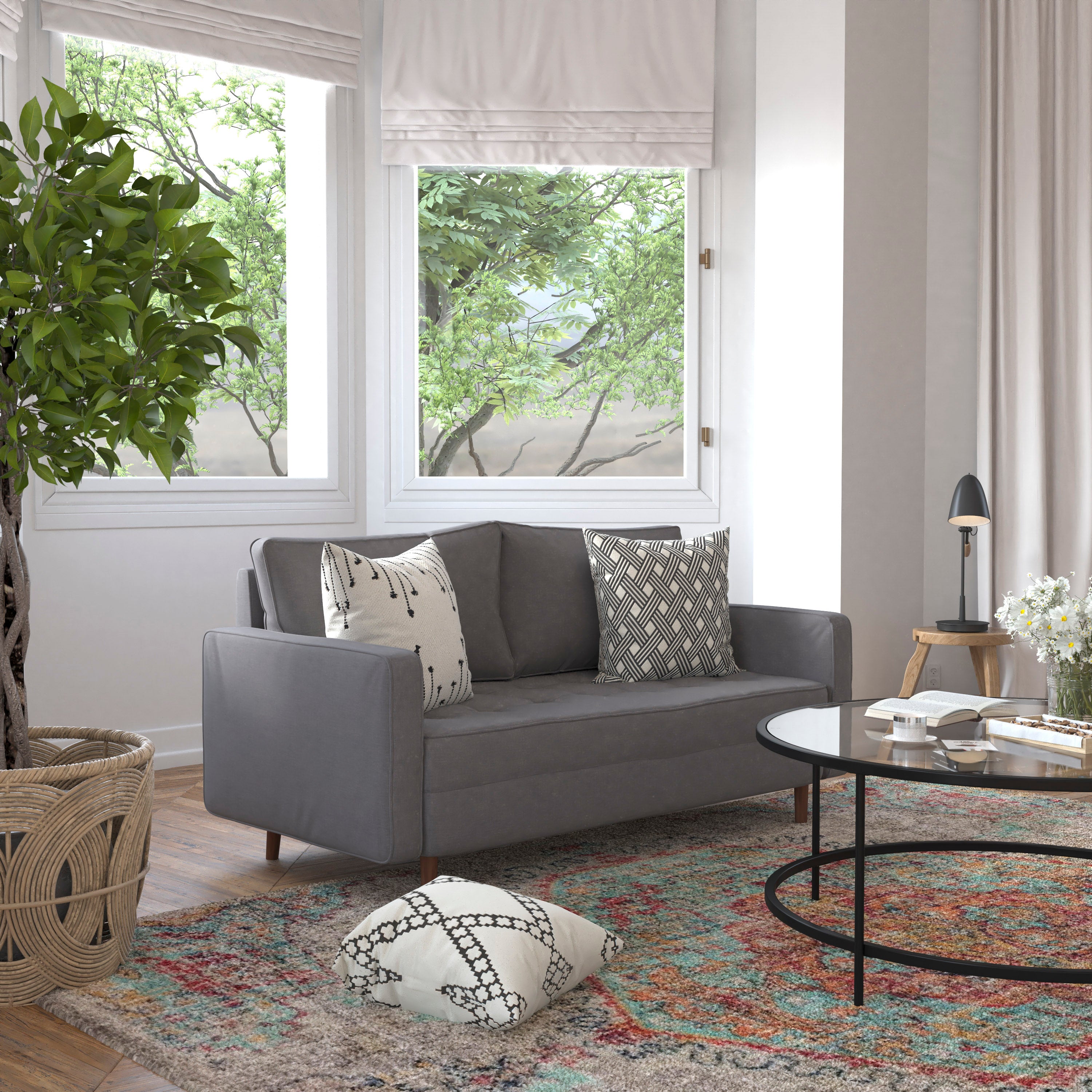 Hudson Mid-Century Modern Loveseat Sofa with Tufted Faux Linen Upholstery & Solid Wood Legs in Dark Gray