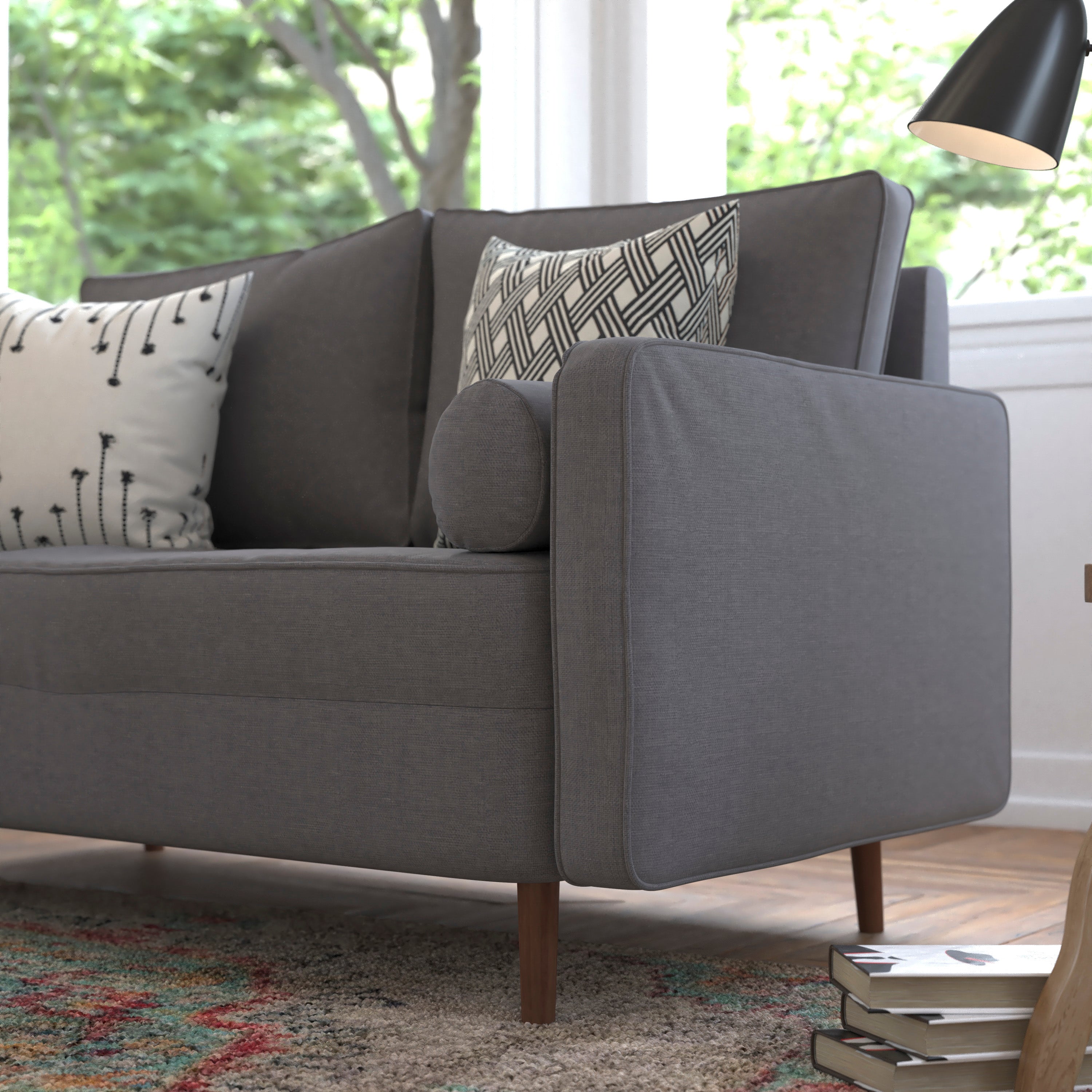 Hudson Mid-Century Modern Loveseat Sofa with Tufted Faux Linen Upholstery & Solid Wood Legs in Dark Gray