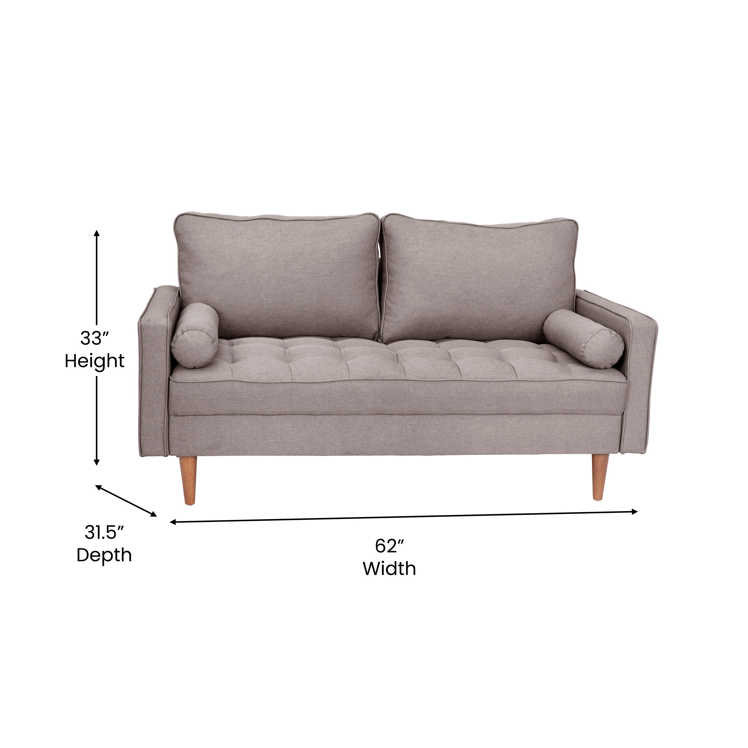 Hudson Mid-Century Modern Loveseat Sofa with Tufted Faux Linen Upholstery & Solid Wood Legs in Slate Gray