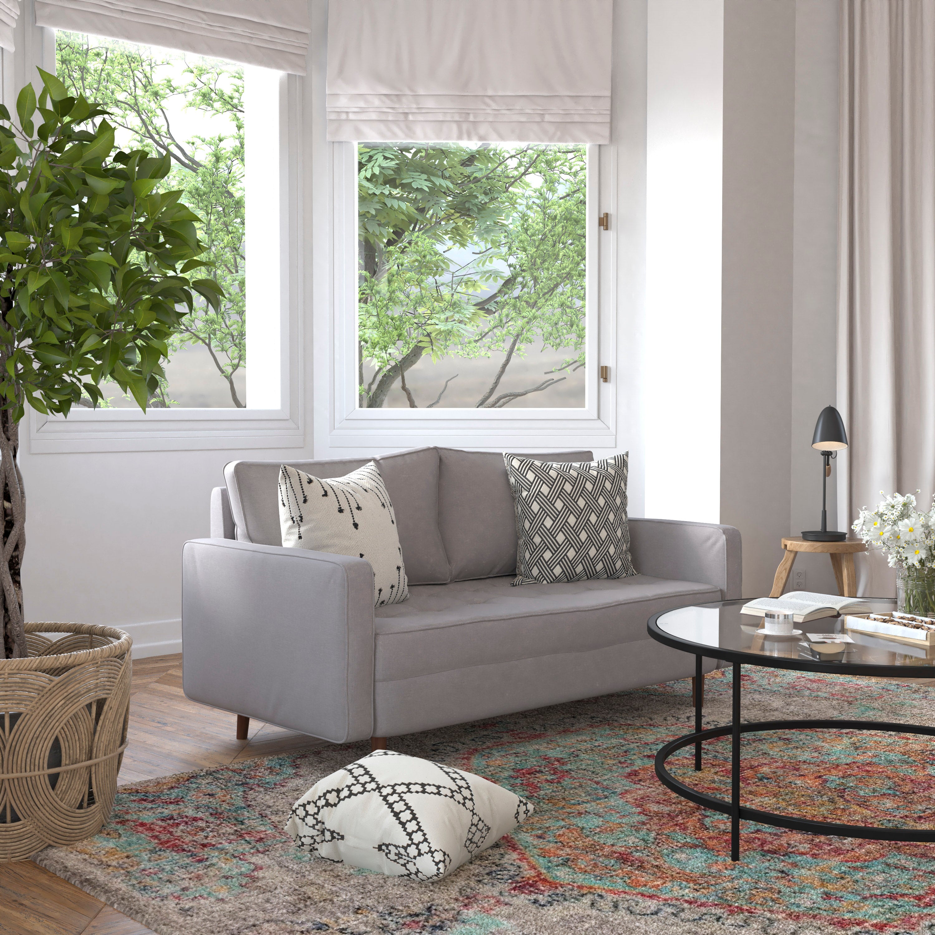 Hudson Mid-Century Modern Loveseat Sofa with Tufted Faux Linen Upholstery & Solid Wood Legs in Slate Gray