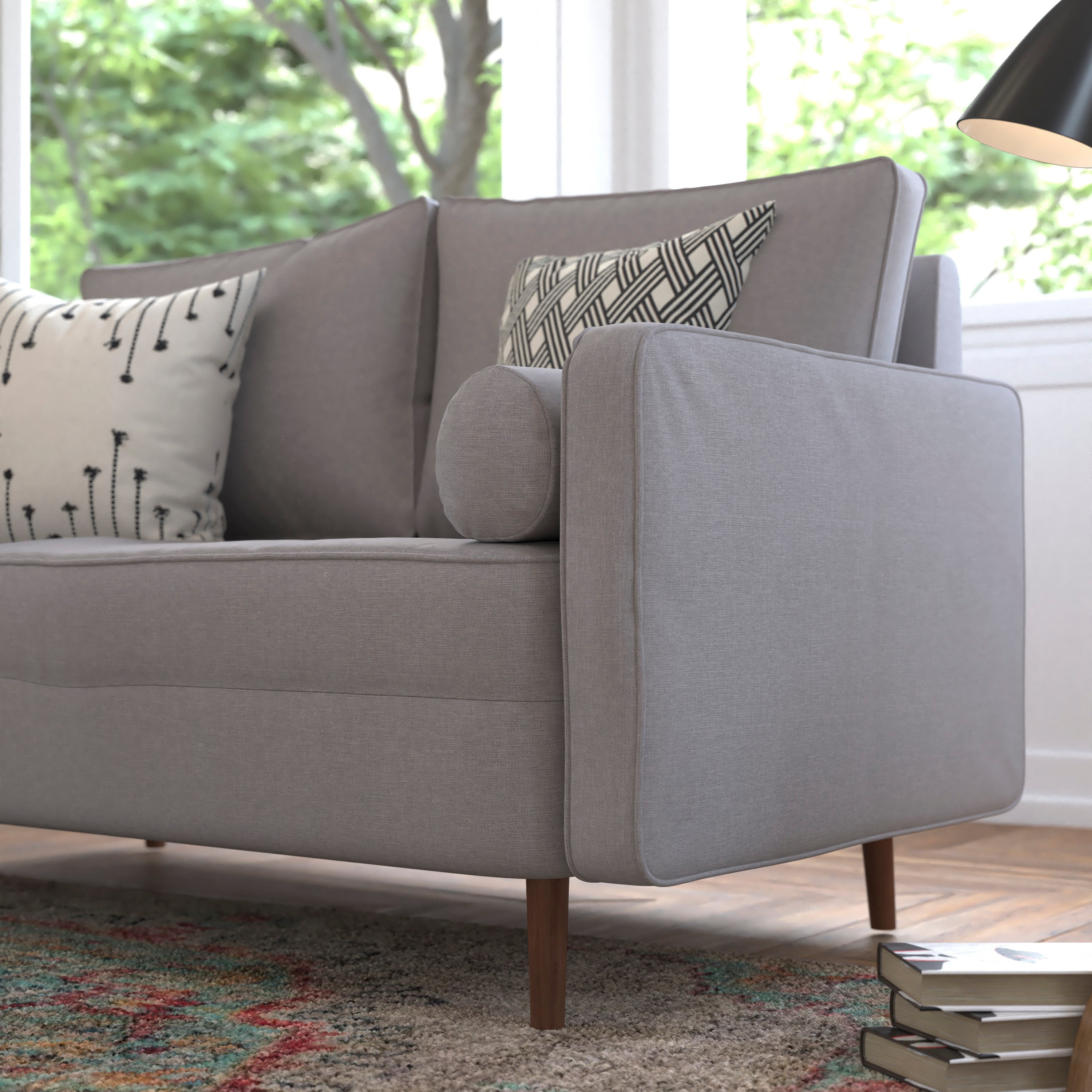 Hudson Mid-Century Modern Loveseat Sofa with Tufted Faux Linen Upholstery & Solid Wood Legs in Slate Gray