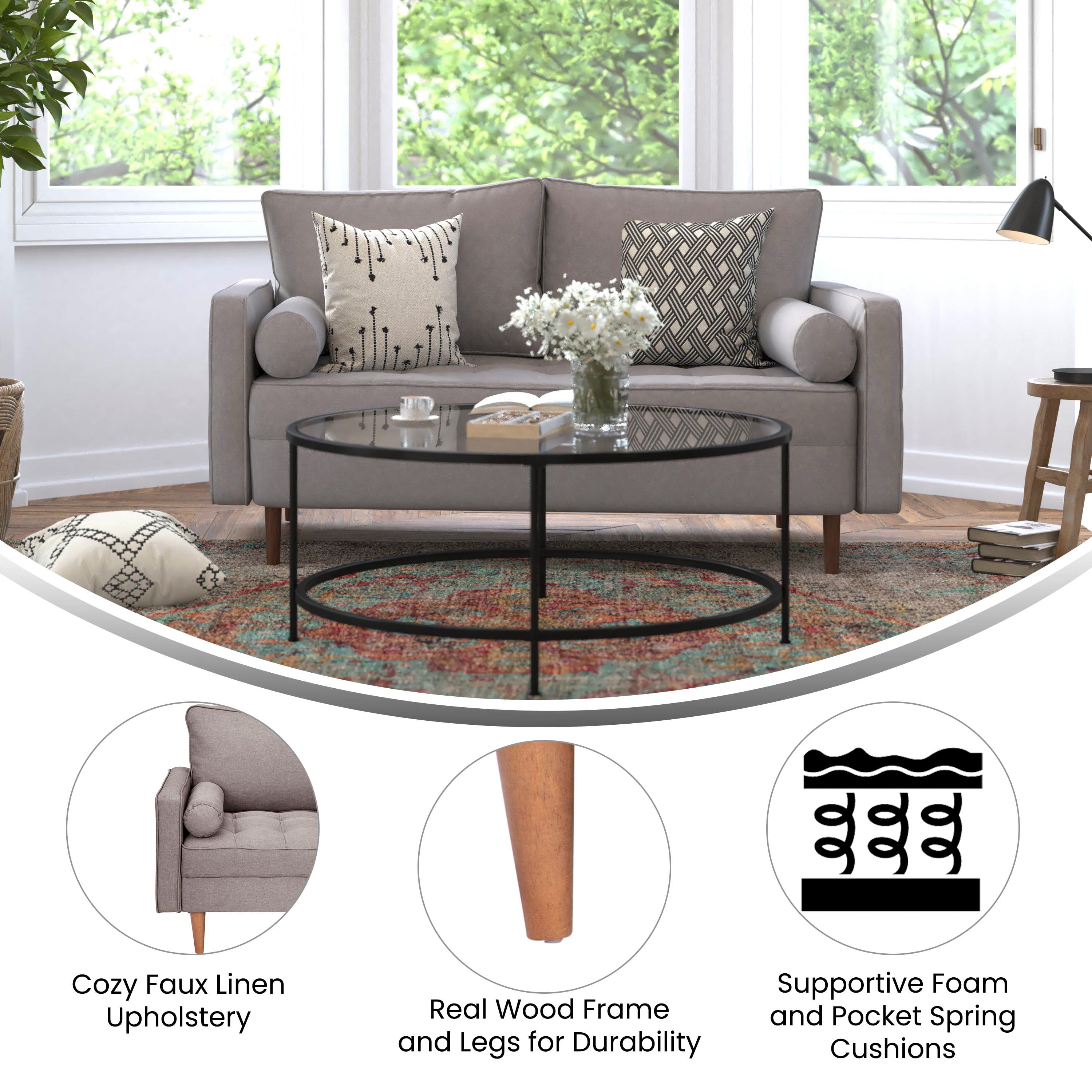 Hudson Mid-Century Modern Loveseat Sofa with Tufted Faux Linen Upholstery & Solid Wood Legs in Slate Gray
