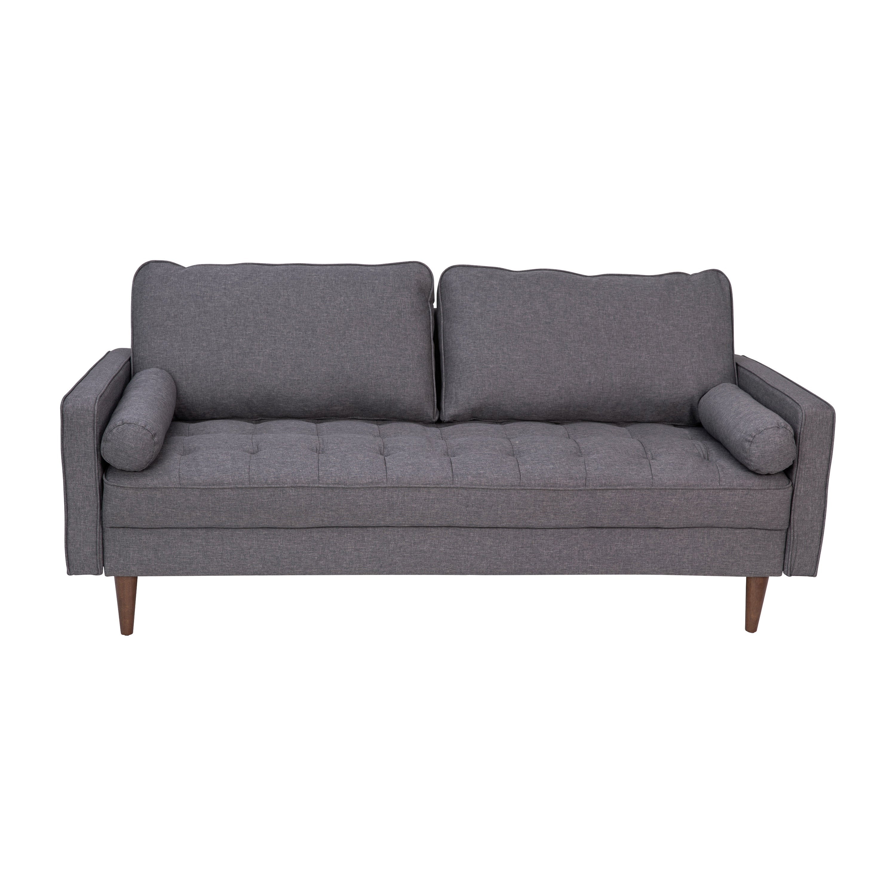 Hudson Mid-Century Modern Sofa with Tufted Faux Linen Upholstery & Solid Wood Legs in Dark Gray