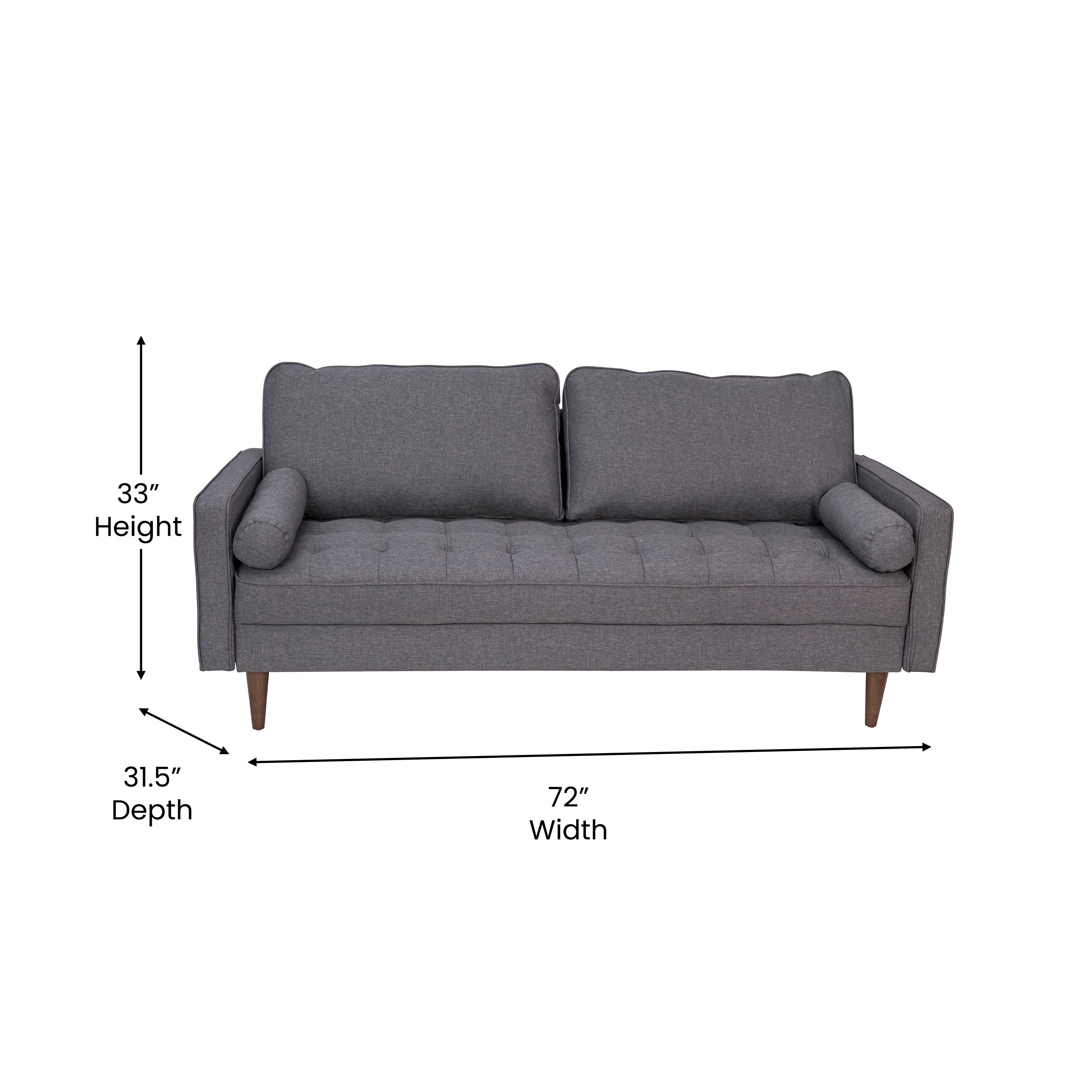 Hudson Mid-Century Modern Sofa with Tufted Faux Linen Upholstery & Solid Wood Legs in Dark Gray