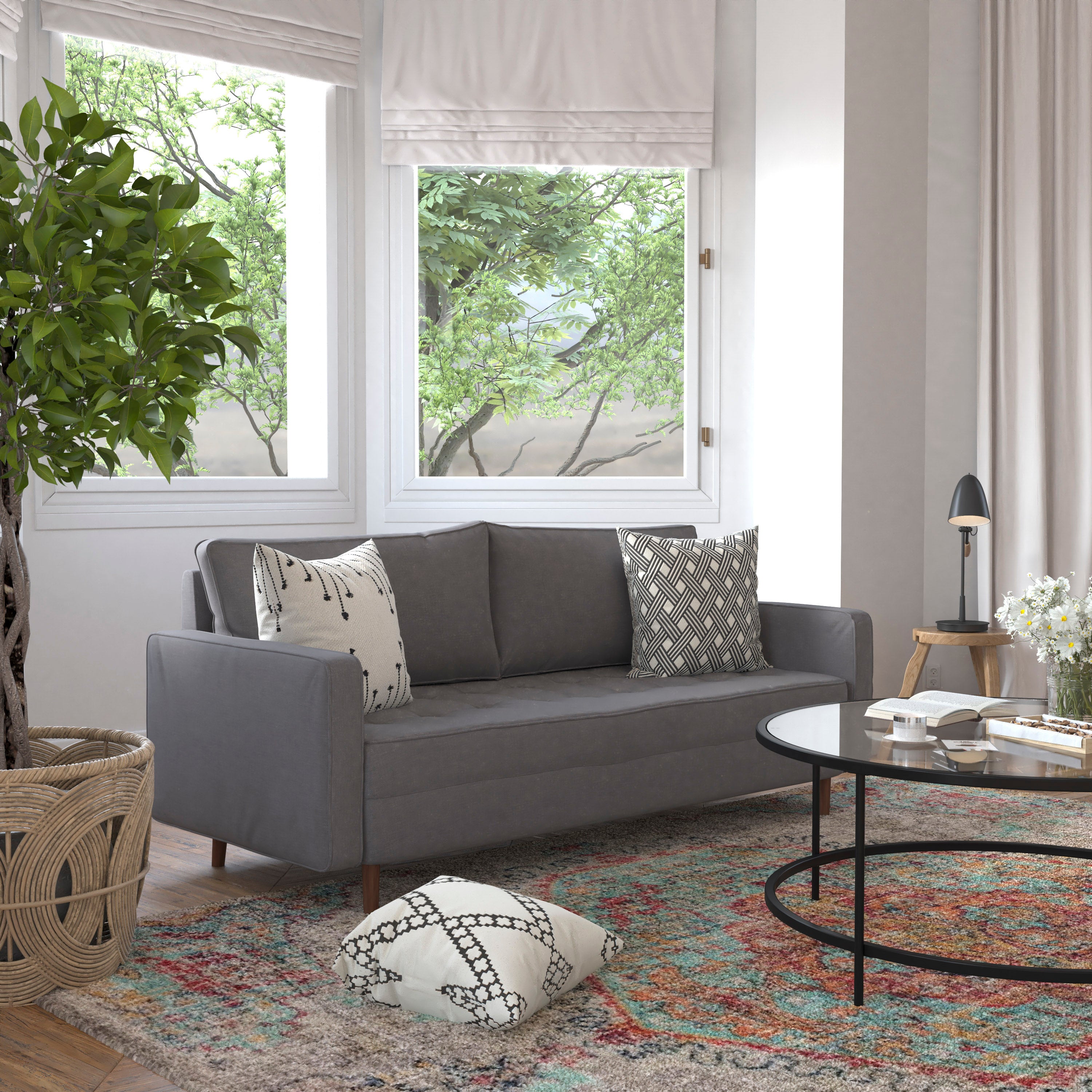 Hudson Mid-Century Modern Sofa with Tufted Faux Linen Upholstery & Solid Wood Legs in Dark Gray