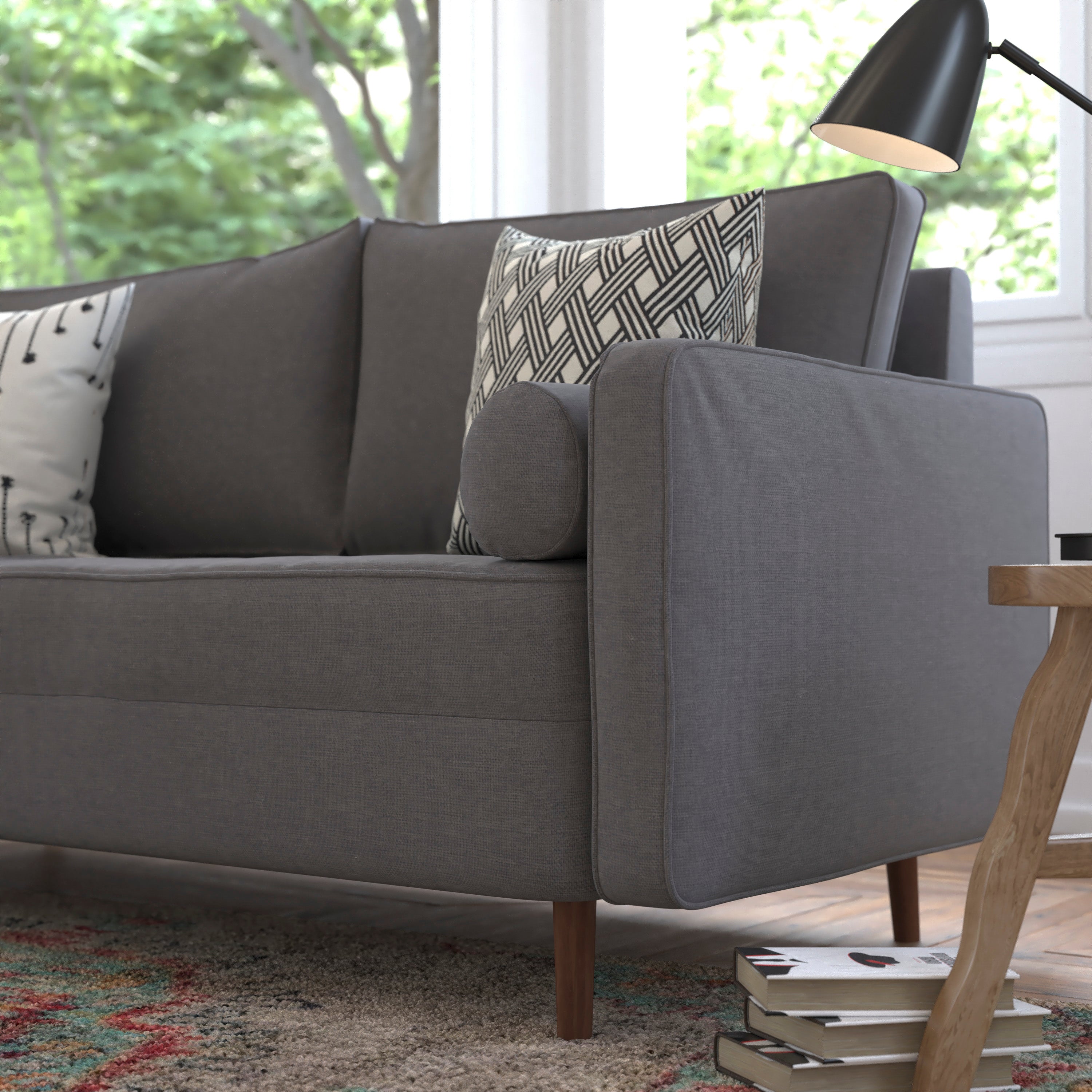 Hudson Mid-Century Modern Sofa with Tufted Faux Linen Upholstery & Solid Wood Legs in Dark Gray