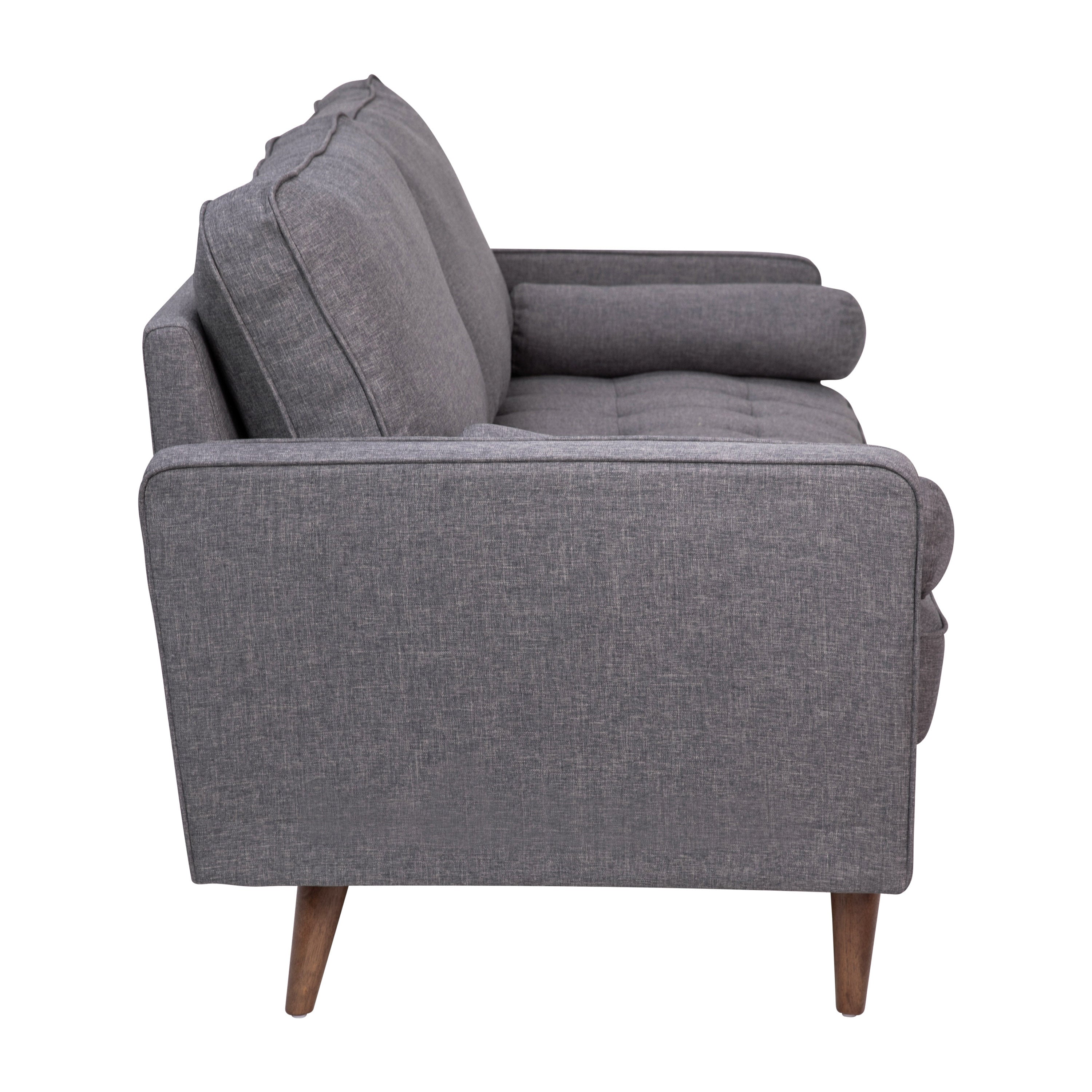Hudson Mid-Century Modern Sofa with Tufted Faux Linen Upholstery & Solid Wood Legs in Dark Gray