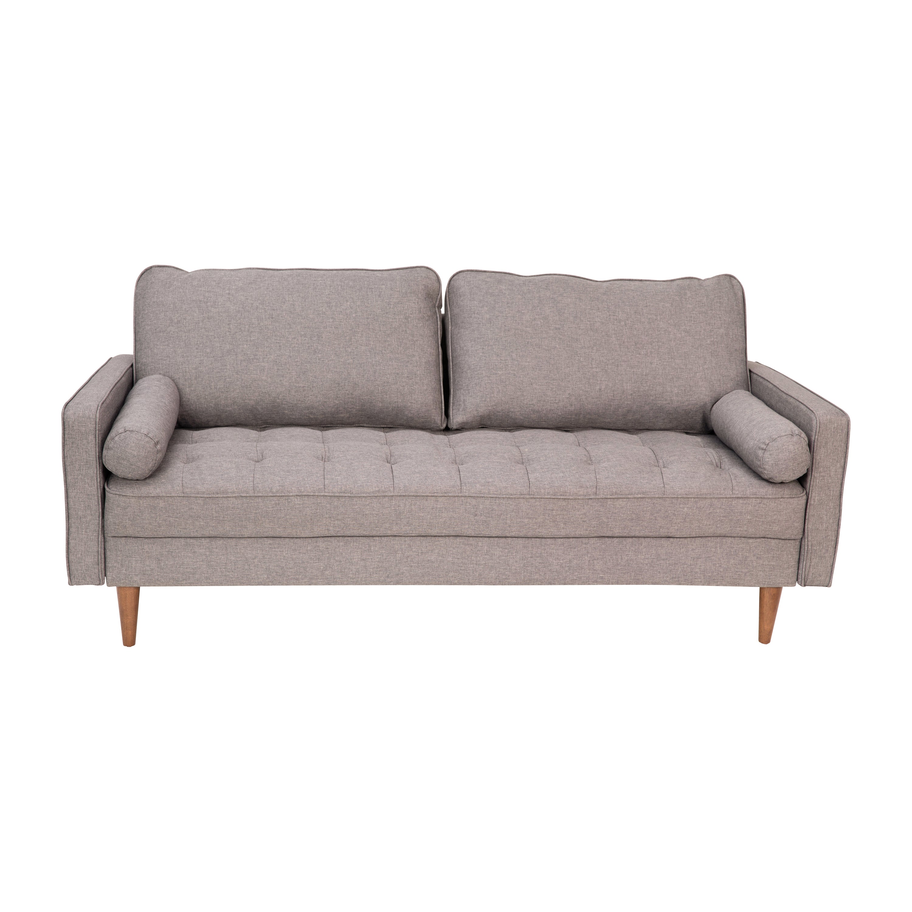 Hudson Mid-Century Modern Sofa with Tufted Faux Linen Upholstery & Solid Wood Legs in Slate Gray
