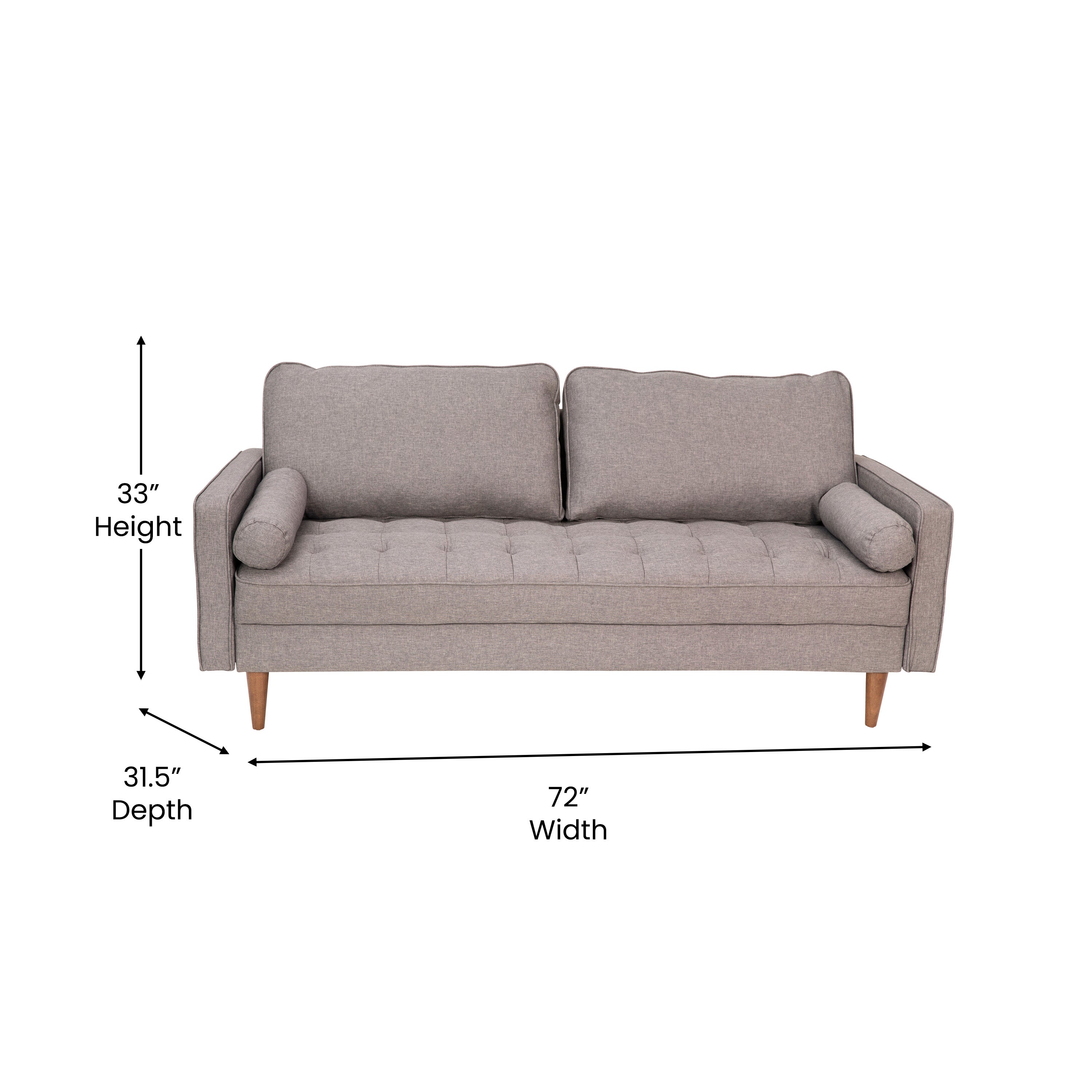 Hudson Mid-Century Modern Sofa with Tufted Faux Linen Upholstery & Solid Wood Legs in Slate Gray